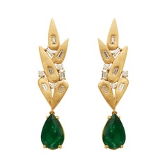 18 Karat Gold, Diamond and Emerald Grass Paradise Earrings