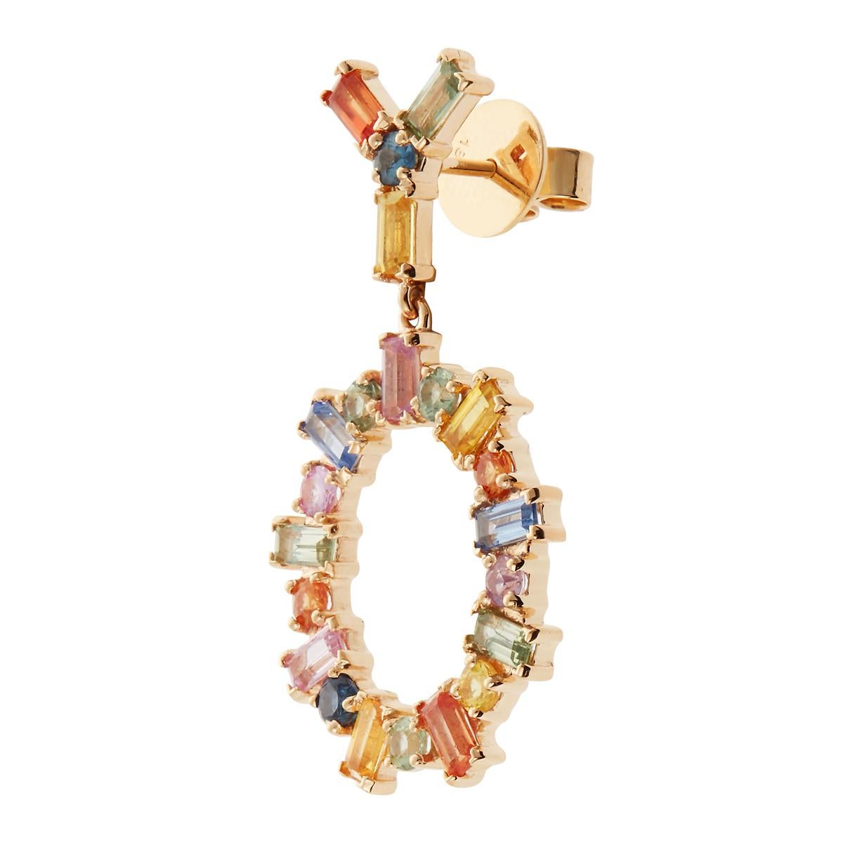 These multi-colored sapphire Baguette Again earrings are Handcrafted from 18-karat yellow gold, this circular pair drops from a Y-shaped stud and is inlaid with 2.32-carats of multi-colored baguette and round-cut sapphires. Showcase yours with a