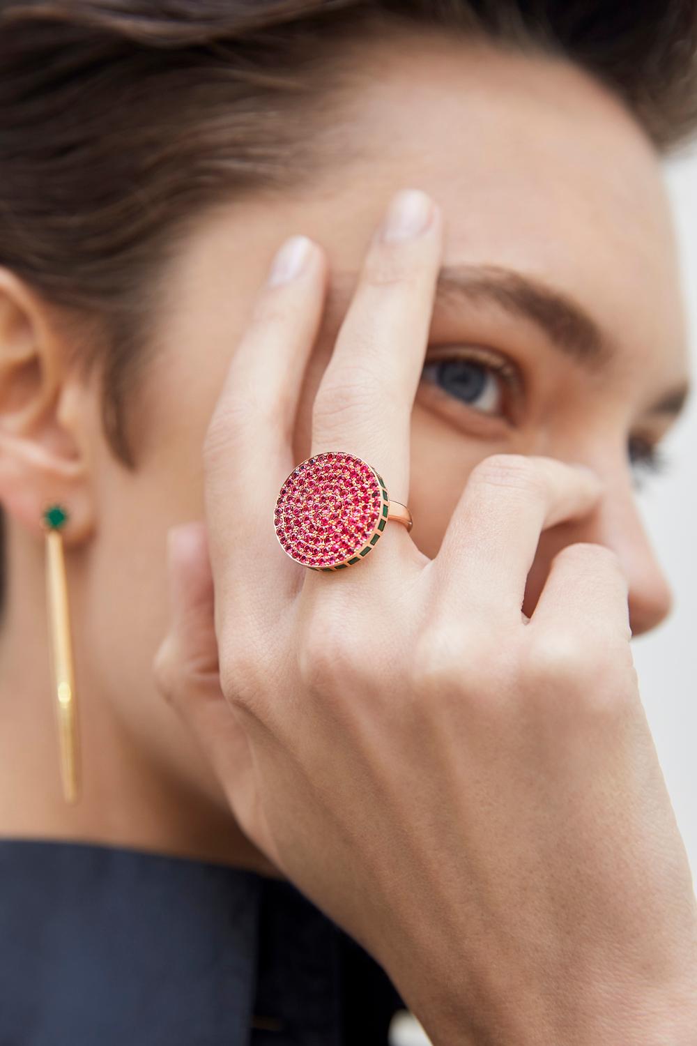 Crafted of polished 18k Rose Gold With a rim of square cut emeralds surrounding a face of concentric pink spinel circles, our Candy ring is the ideal selection for those seeking to hold onto the magic of the holidays all year long.  

    Pink
