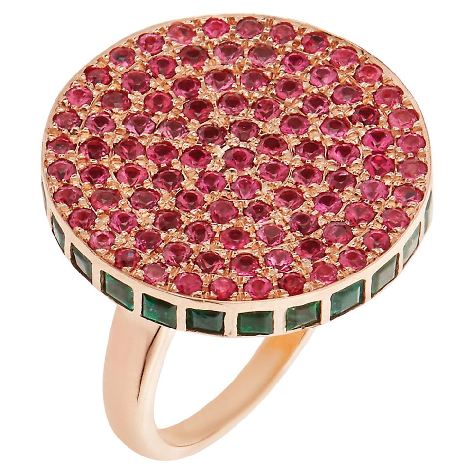 18 Karat Rose Gold Spinel and Emerald Candy Ring For Sale