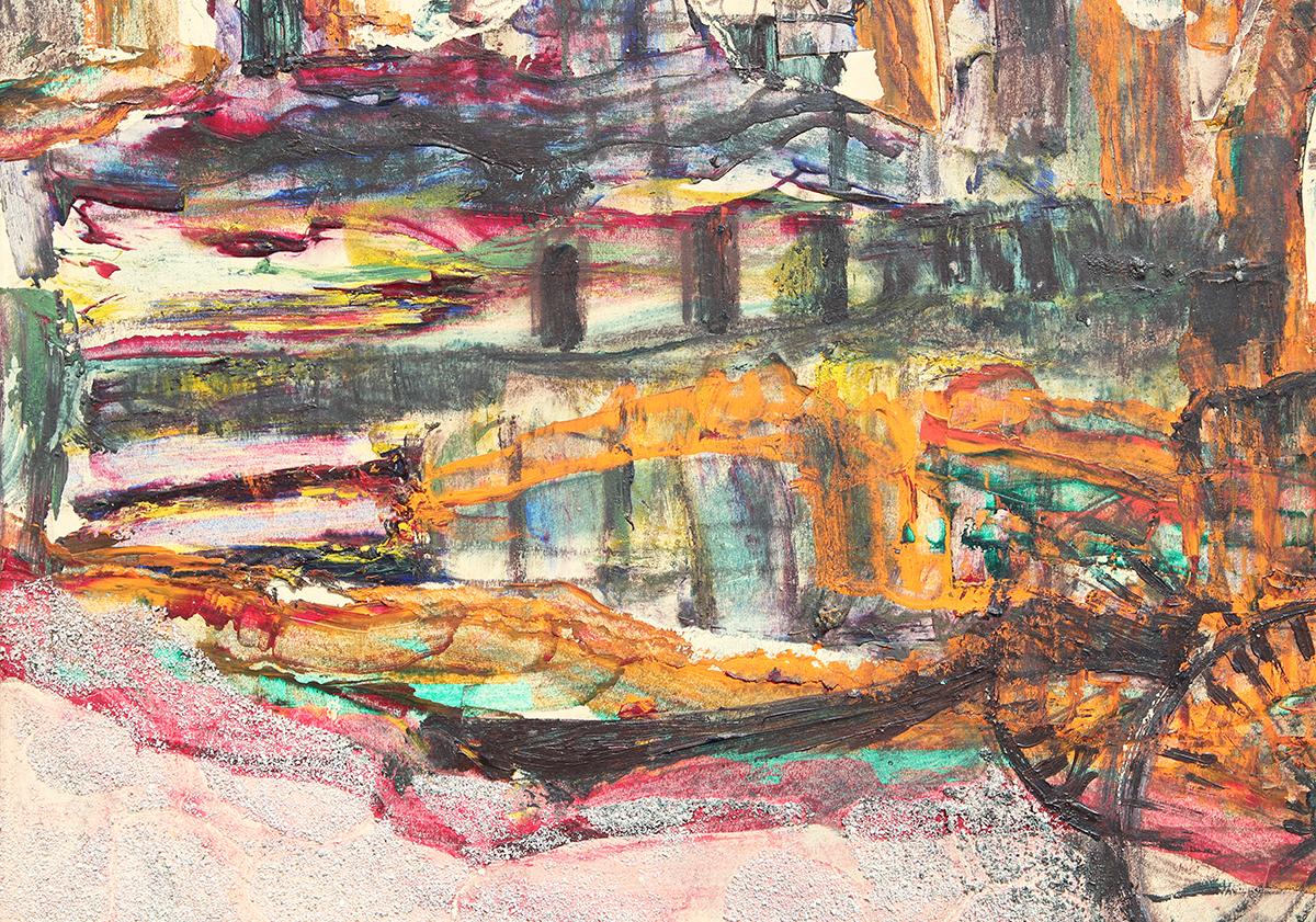 Peinture moderne abstraite de paysage urbain européen rouge, sarcelle et orange « Dos pocos » en vente 5