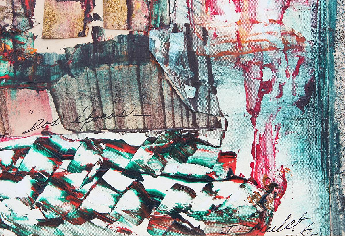 Peinture moderne abstraite de paysage urbain européen rouge, sarcelle et orange « Dos pocos » en vente 6