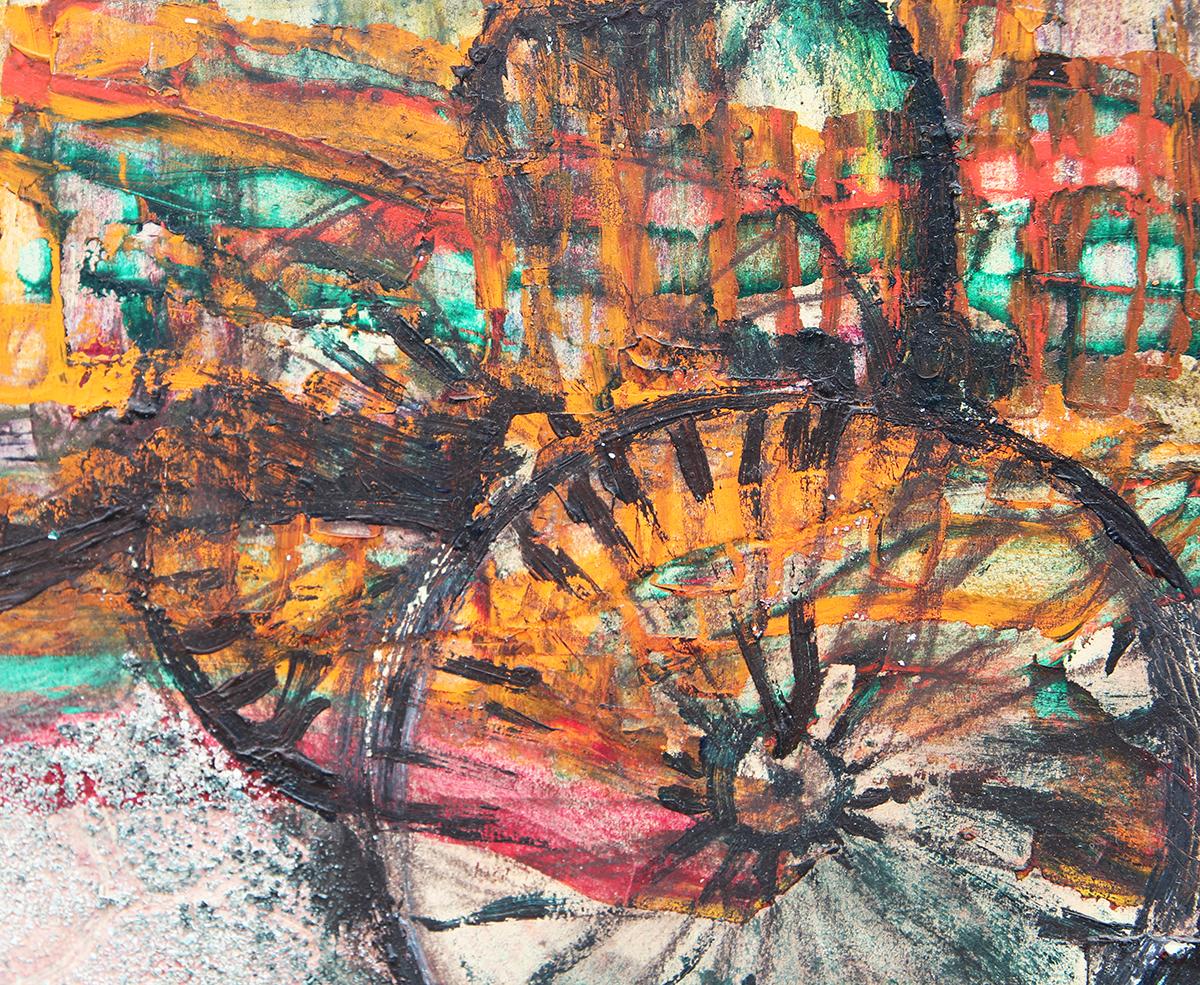 Peinture moderne abstraite de paysage urbain européen rouge, sarcelle et orange « Dos pocos » en vente 7