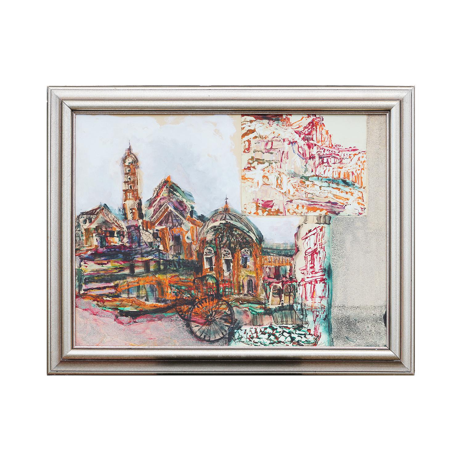 Peinture moderne abstraite de paysage urbain européen rouge, sarcelle et orange « Dos pocos » - Painting de Ileana Mulet Batista