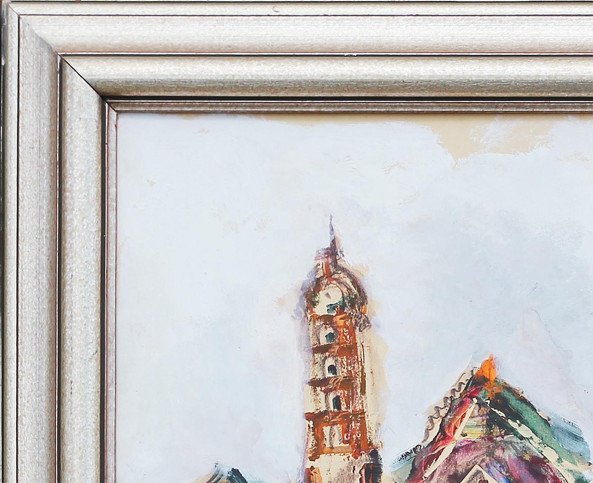 Peinture moderne abstraite de paysage urbain européen rouge, sarcelle et orange « Dos pocos » - Impressionnisme abstrait Painting par Ileana Mulet Batista