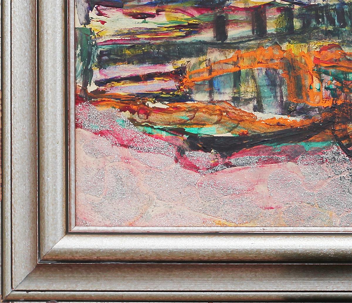 Peinture de paysage impressionniste abstraite moderne, rouge, sarcelle et orange, réalisée par l'artiste cubaine Illeana Mulet Batista. L'œuvre présente de multiples bâtiments dans un centre ville, rendus par son travail de brossage libre