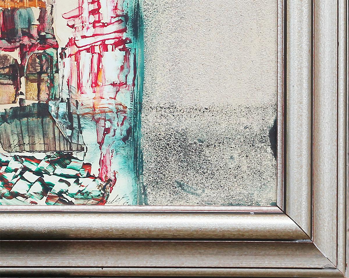 Peinture moderne abstraite de paysage urbain européen rouge, sarcelle et orange « Dos pocos » en vente 1
