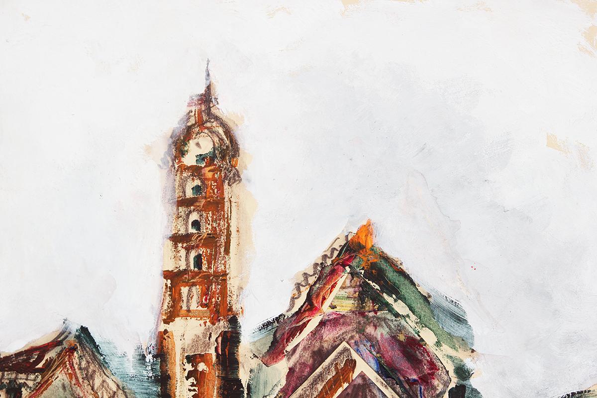 Peinture moderne abstraite de paysage urbain européen rouge, sarcelle et orange « Dos pocos » en vente 3