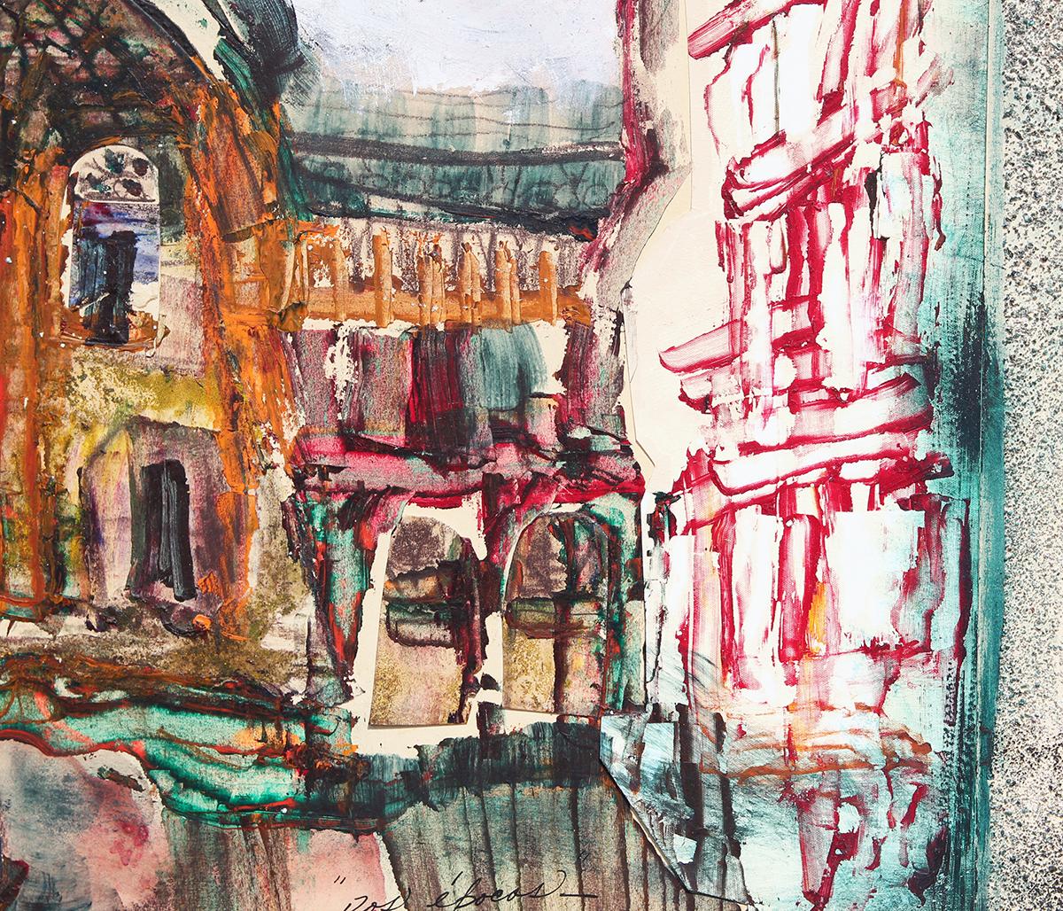 Peinture moderne abstraite de paysage urbain européen rouge, sarcelle et orange « Dos pocos » en vente 4