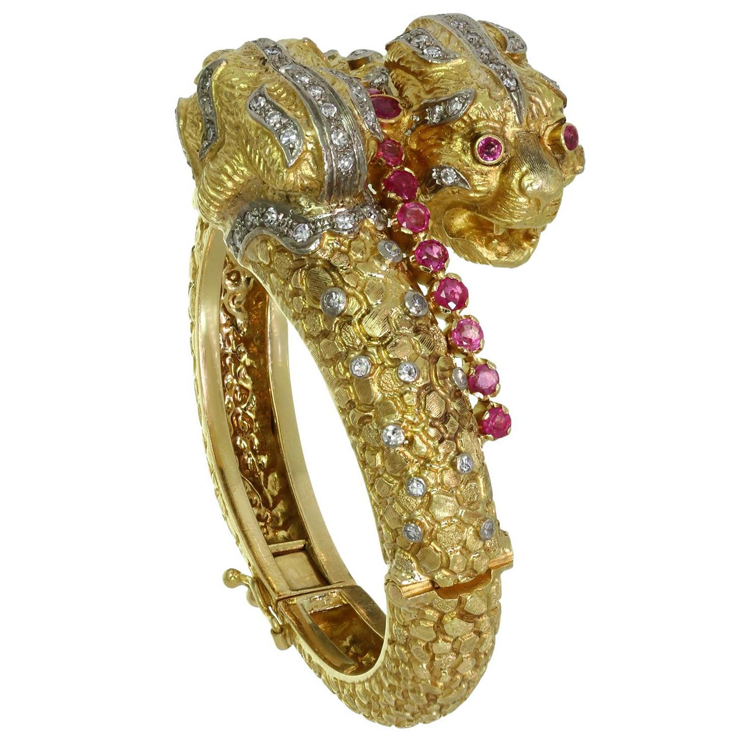 Round Cut Ilias Lalaiounis Ruby Diamond Yellow Gold Double Chimera Bangle Bracelet For Sale