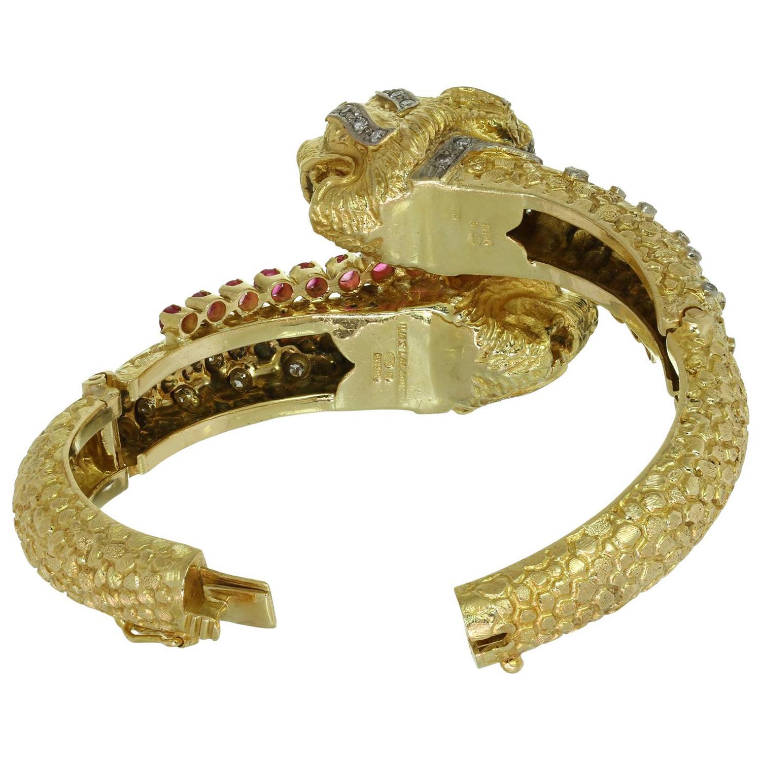Women's Ilias Lalaiounis Ruby Diamond Yellow Gold Double Chimera Bangle Bracelet For Sale