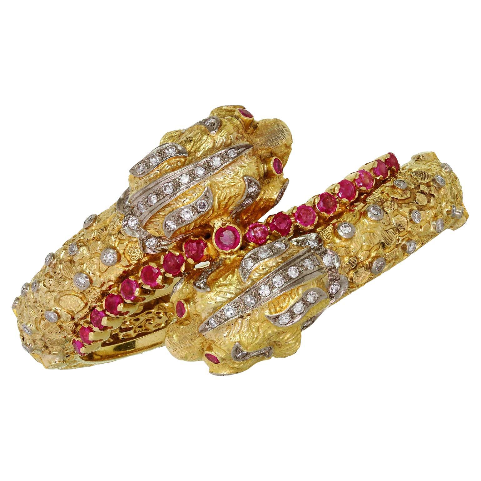 Ilias Lalaiounis Ruby Diamond Yellow Gold Double Chimera Bangle Bracelet For Sale