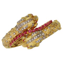 Vintage Ilias Lalaiounis Ruby Diamond Yellow Gold Double Chimera Bangle Bracelet