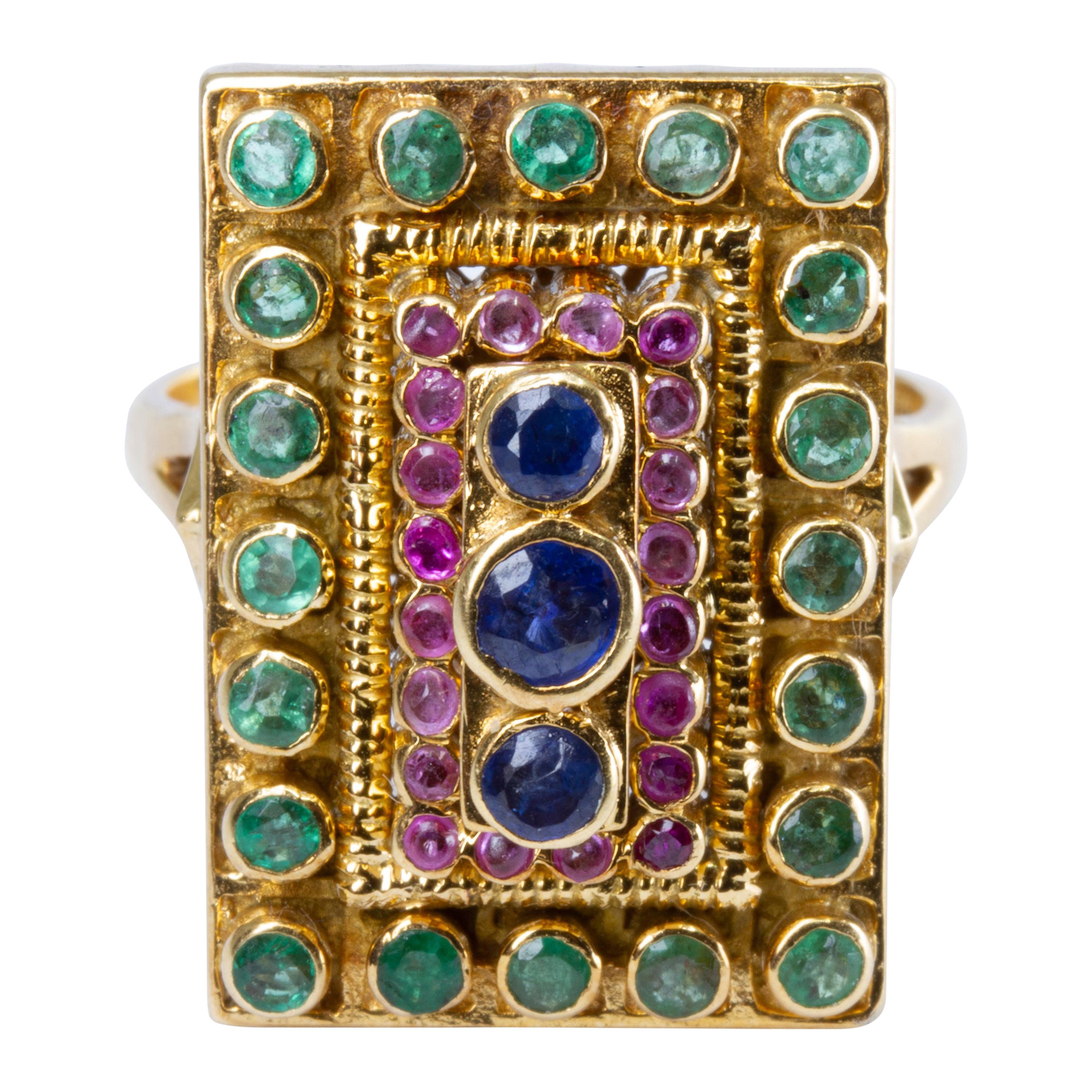 Ilias Lalaounis 18 Karat Gold, Sapphire, Ruby and Emerald Ring