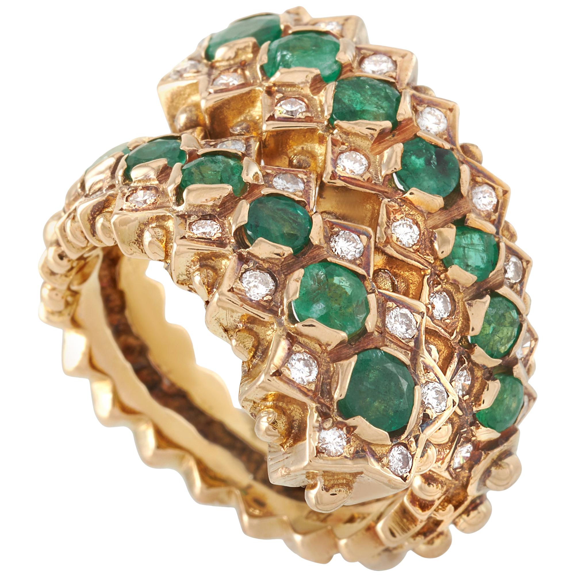 Ilias Lalaounis 18 Karat Yellow Gold 0.35 Carat Diamond and Emerald Ring