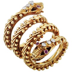 Ilias Lalaounis 18 Karat Yellow Gold Diamond and Ruby Snake Ring