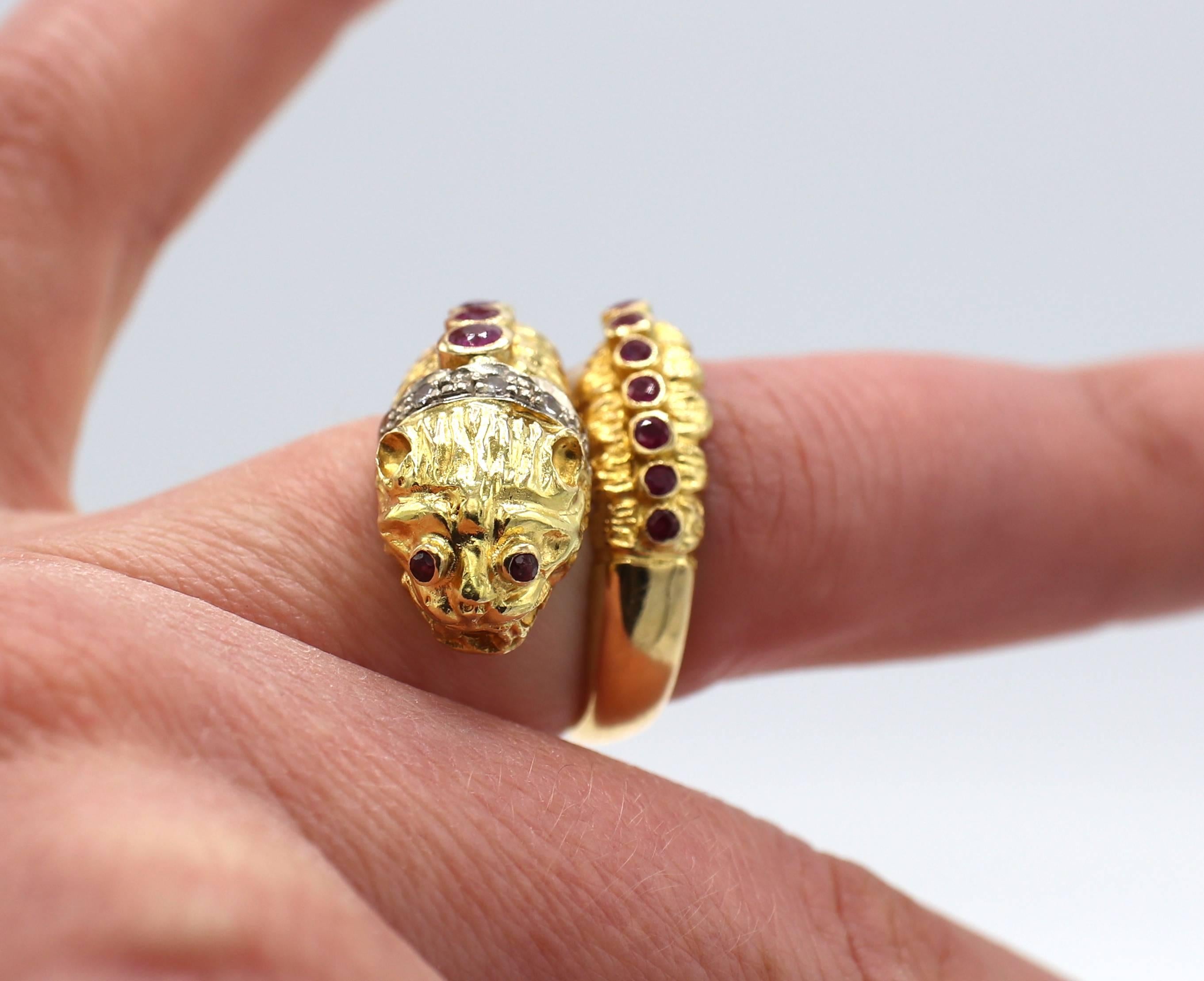 Ilias Lalaounis 18 Karat Yellow Gold Lion Head Diamond & Ruby Bypass Ring In Excellent Condition In  Baltimore, MD
