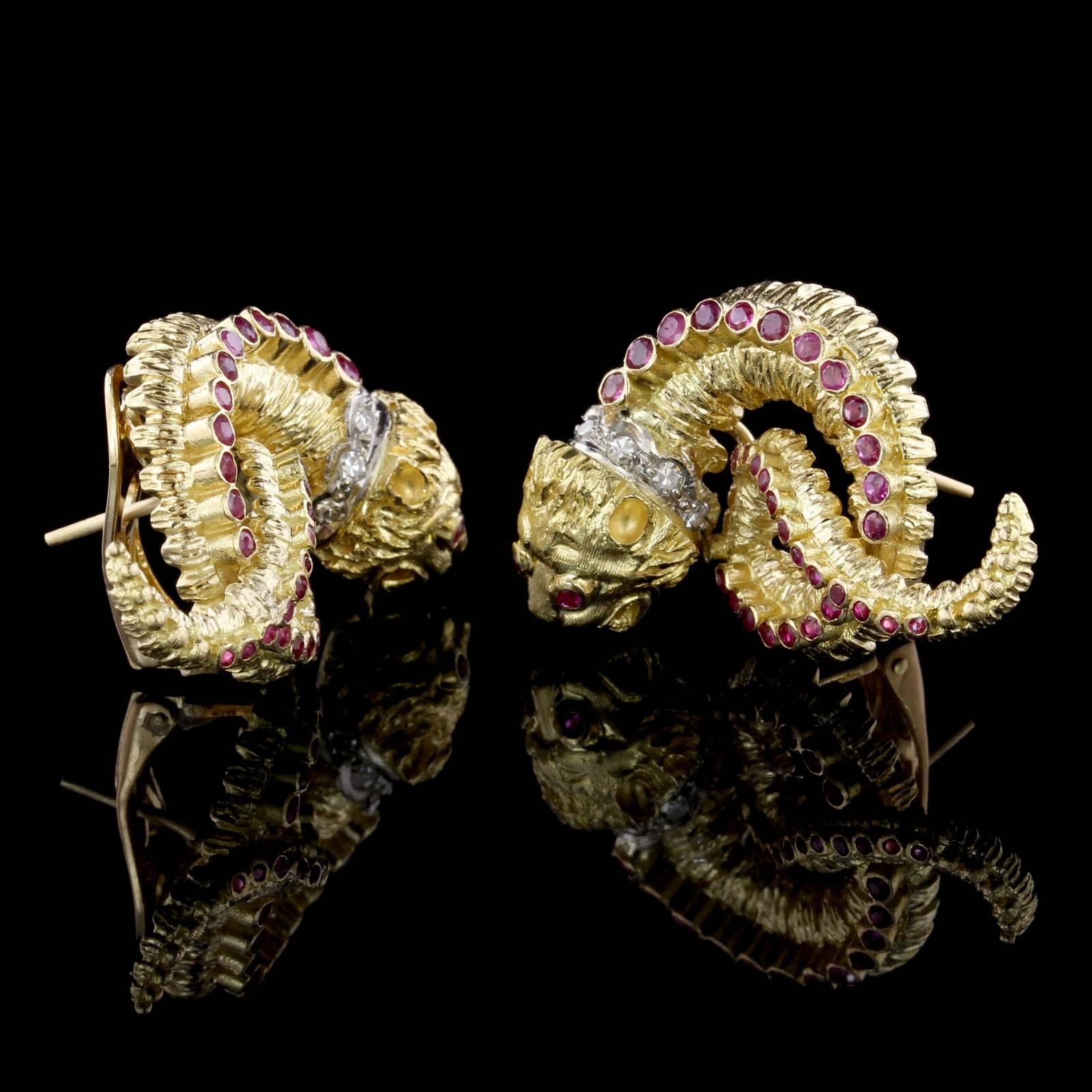 Ilias Lalaounis 18K Yellow Gold Ruby and Diamond Chimera Earrings. The earrings are set with 68 round cut rubies, approx. total wt. 1.40cts., and ten single cut diamonds, approx. total wt. .20cts., length 1 3/8