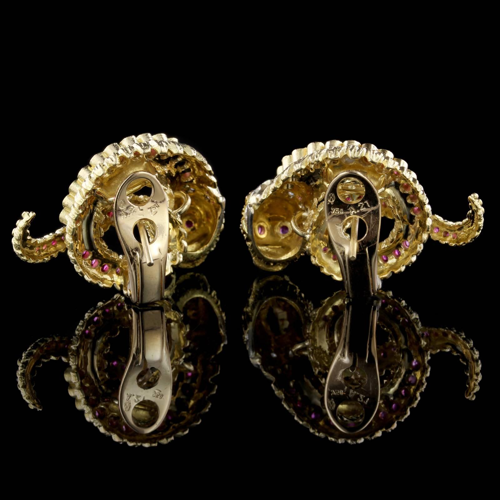 Ilias Lalaounis 18 Karat Yellow Gold Ruby and Diamond Chimera Earrings In Good Condition In Nashua, NH