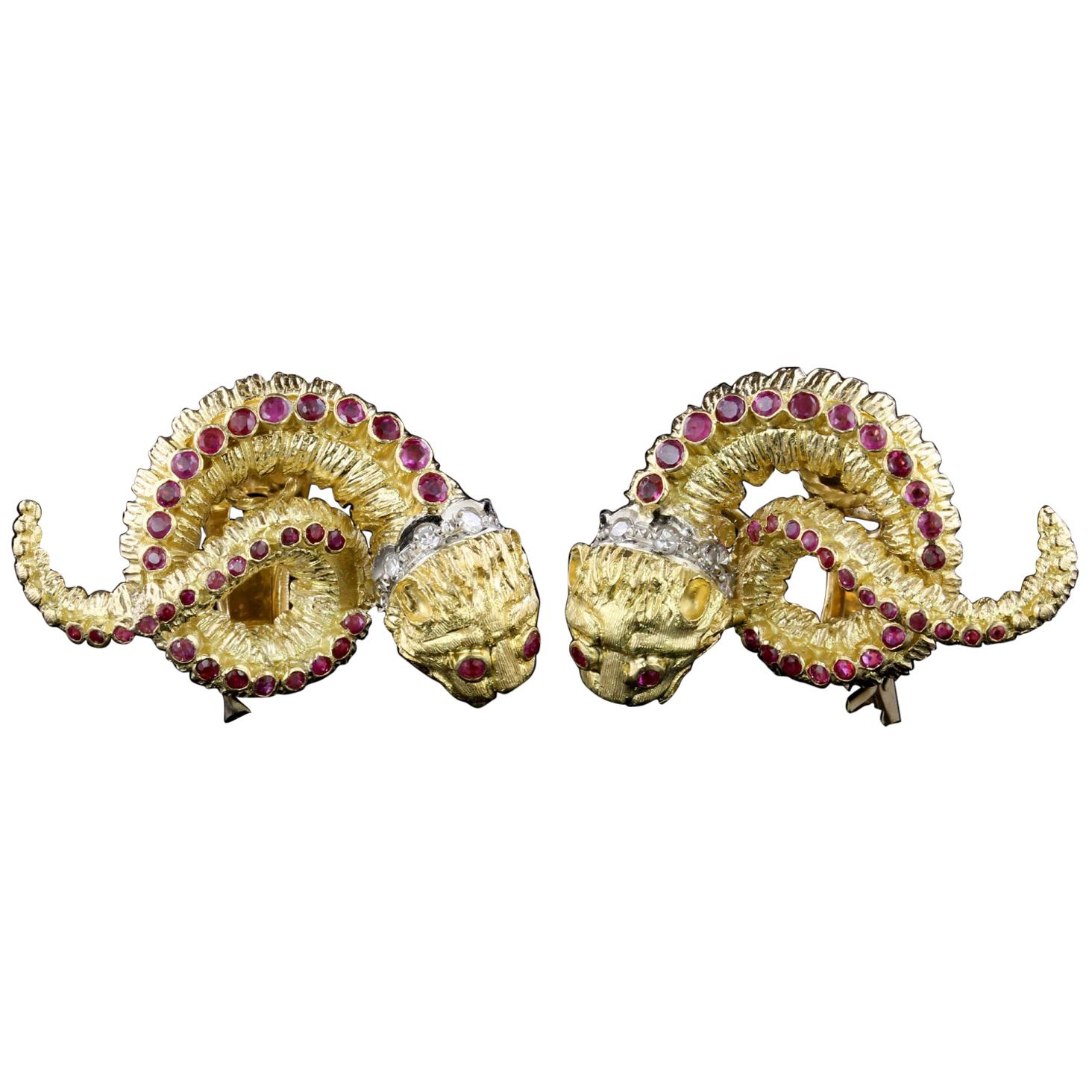 Ilias Lalaounis 18 Karat Yellow Gold Ruby and Diamond Chimera Earrings