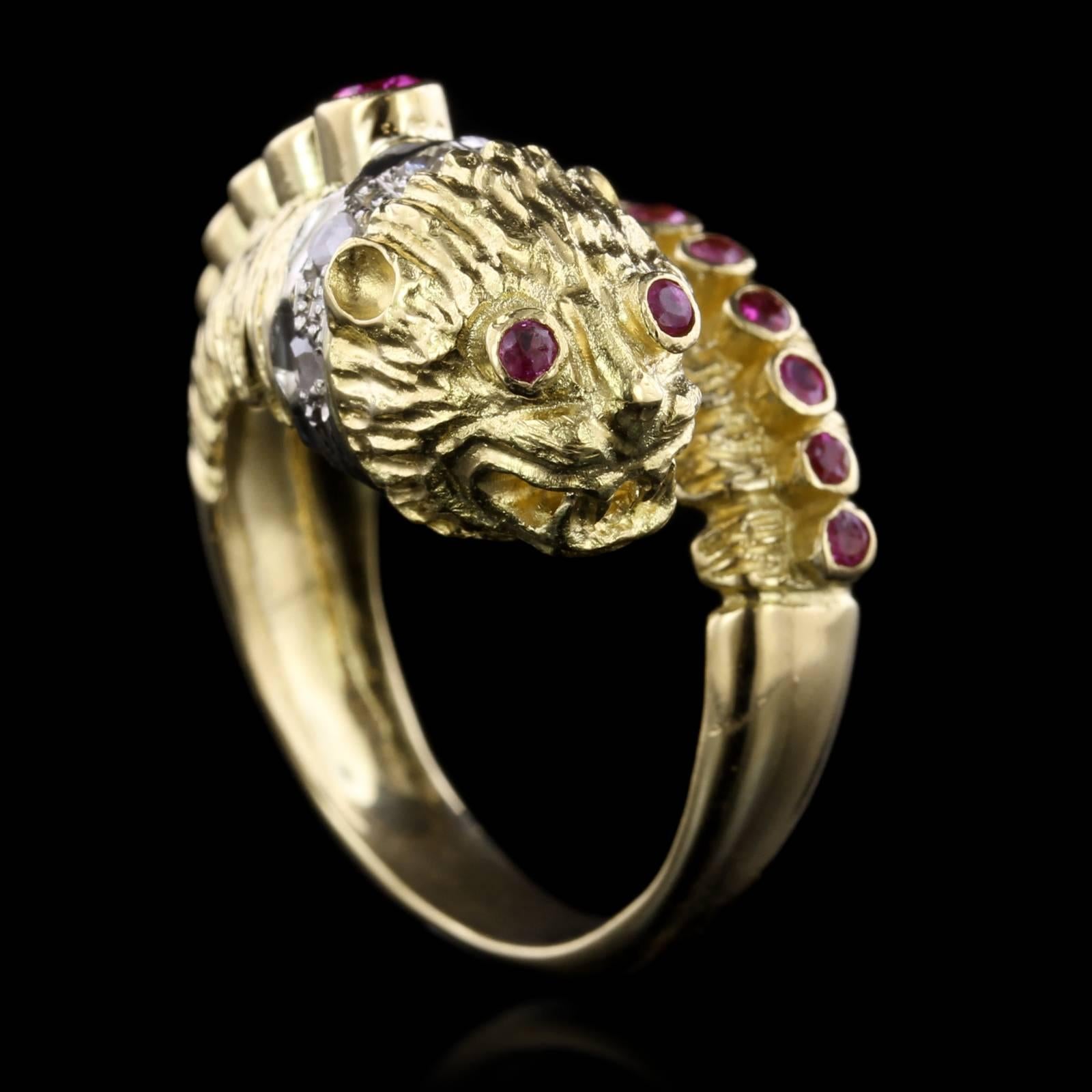 Ilias Lalaounis 18K Yellow Gold Ruby and Diamond Chimera Ring. The ring is set 15 round cut rubies, approx. total wt. .70cts., and five rose cut diamonds, size 7 3/4, adjustable.