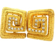 Ilias Lalaounis 18K Gold Diamond Textured Geometric Earrings, Circa 1970
