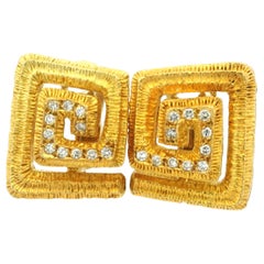 Ilias Lalaounis 18K Gold Diamond Textured Geometric Earrings, Circa 1970