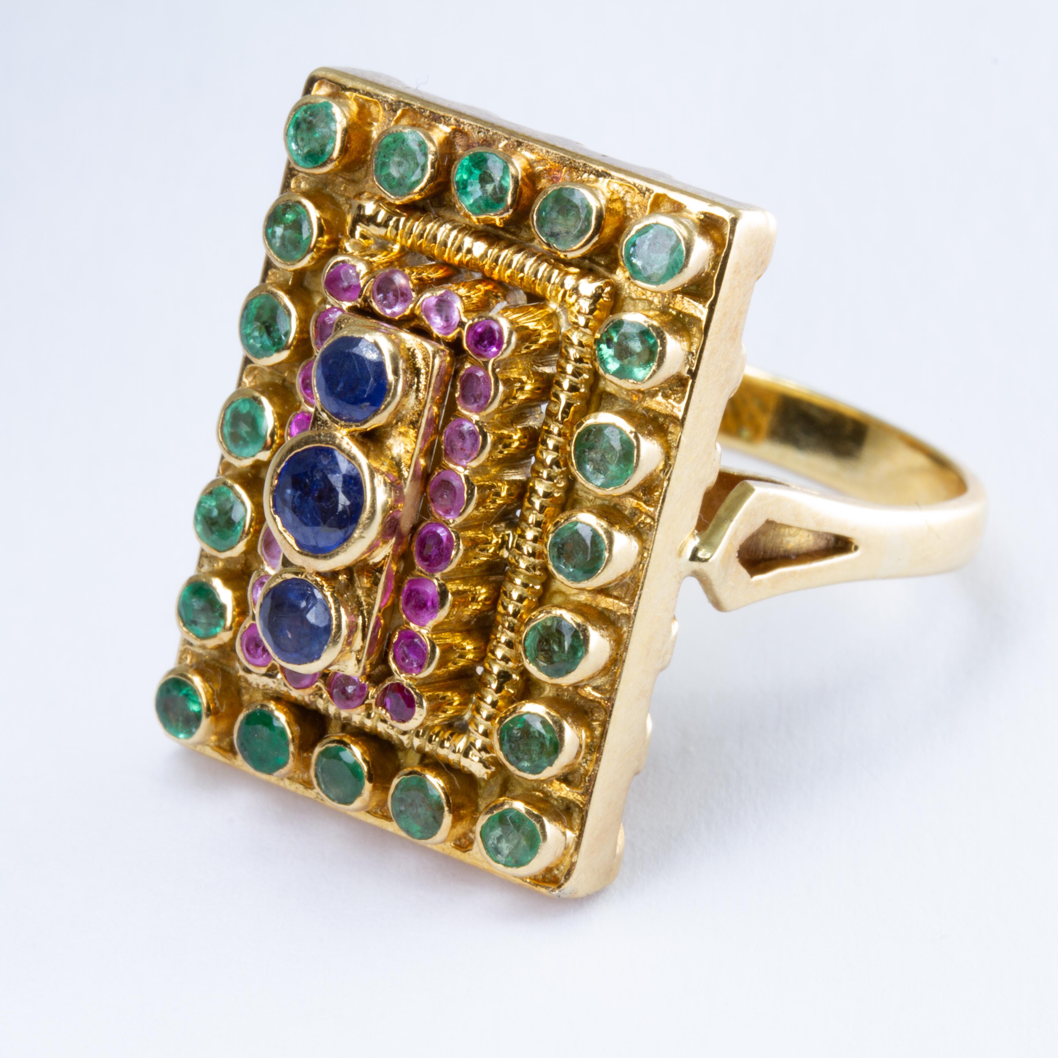 Ilias Lalaounis 18 Karat Gold, Sapphire, Ruby and Emerald Ring In Good Condition In Kingston, NY