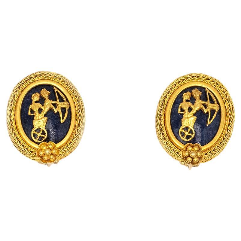 Vintage Ilias Lalaounis 18K YG Oval Sodalite Greek motifs Earrings