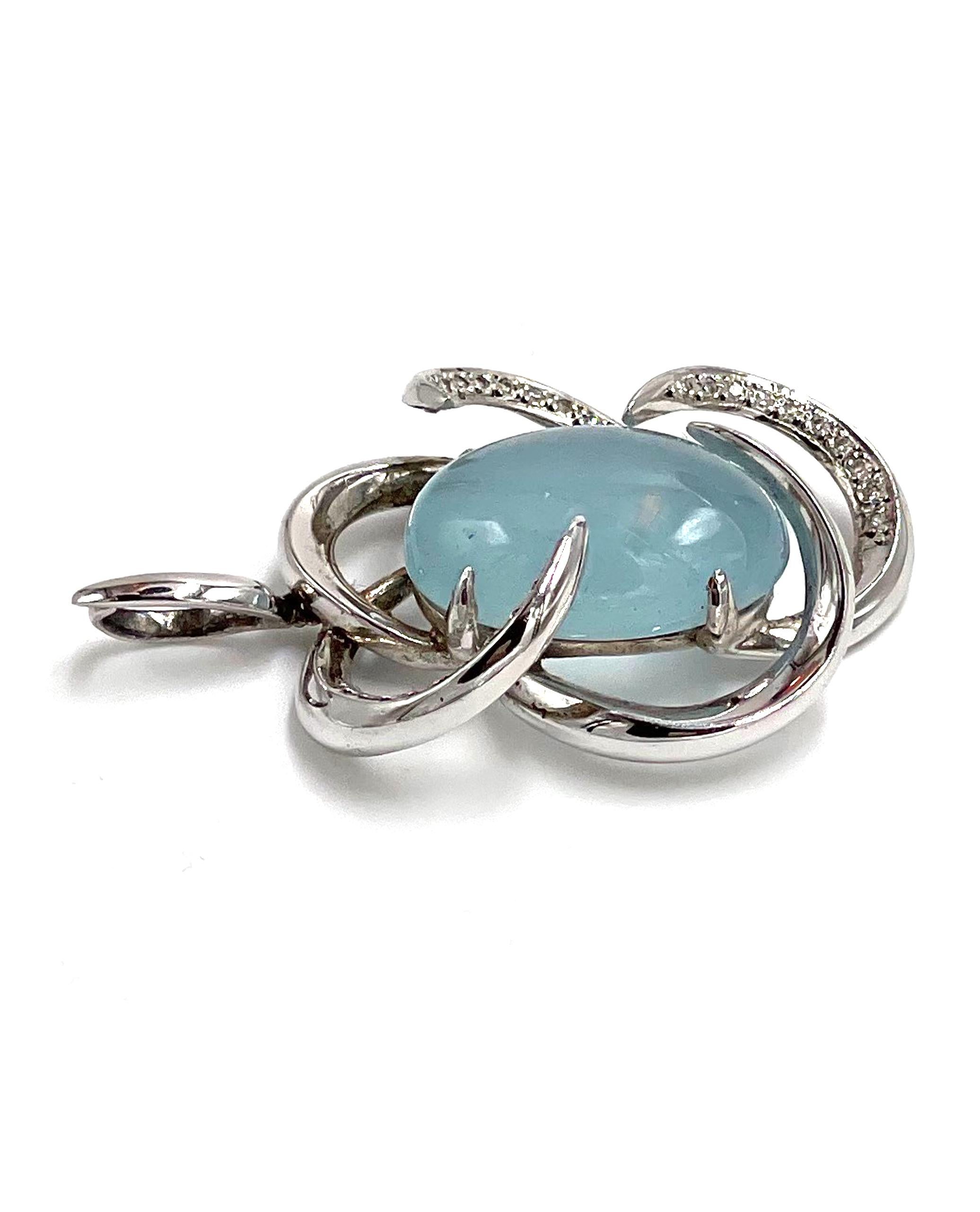 Cabochon LALAoUNIS 18K White Gold Diamond and Aquamarine Pendant with Modern Floral Motif For Sale
