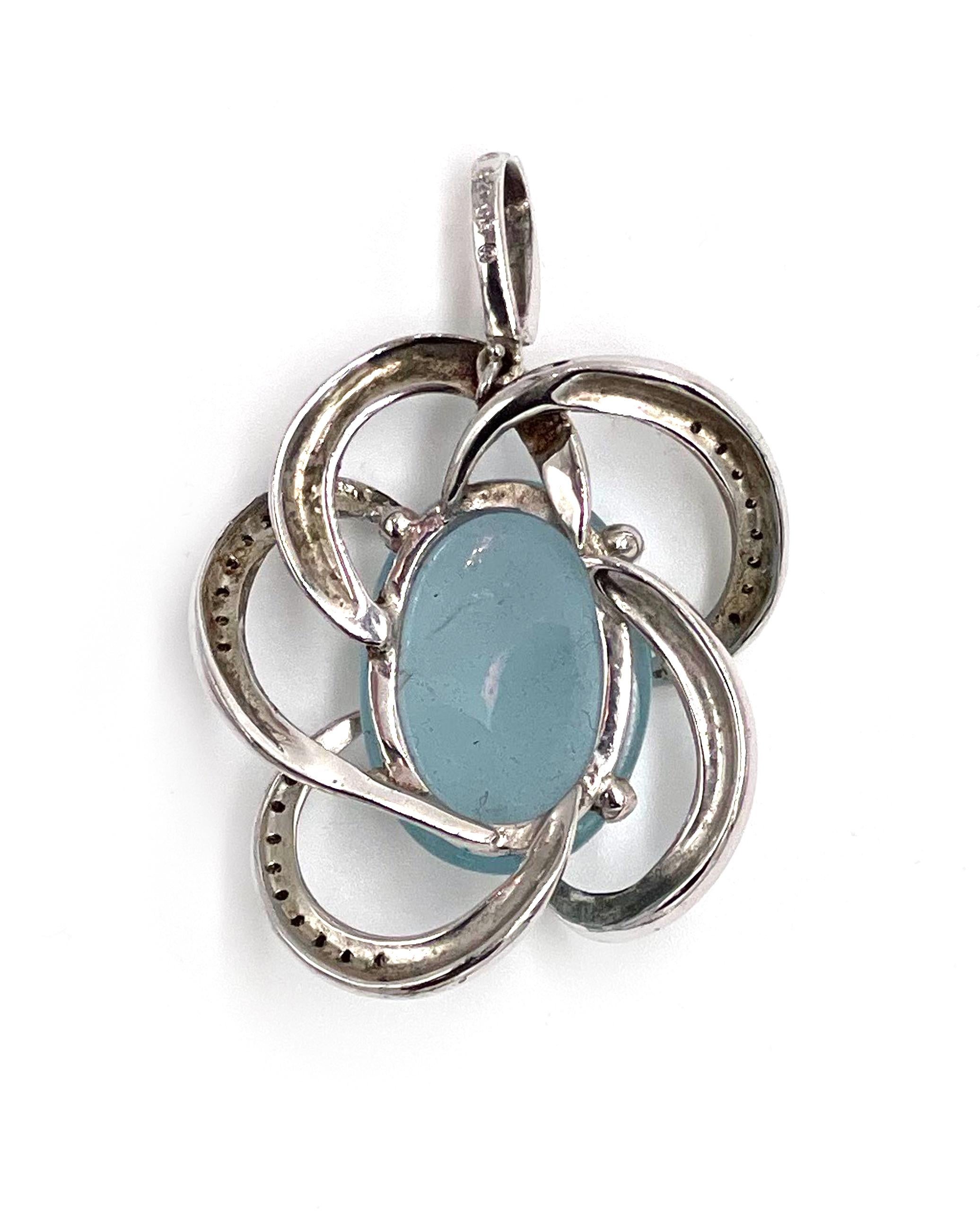 LALAoUNIS 18K White Gold Diamond and Aquamarine Pendant with Modern Floral Motif In Good Condition For Sale In Old Tappan, NJ