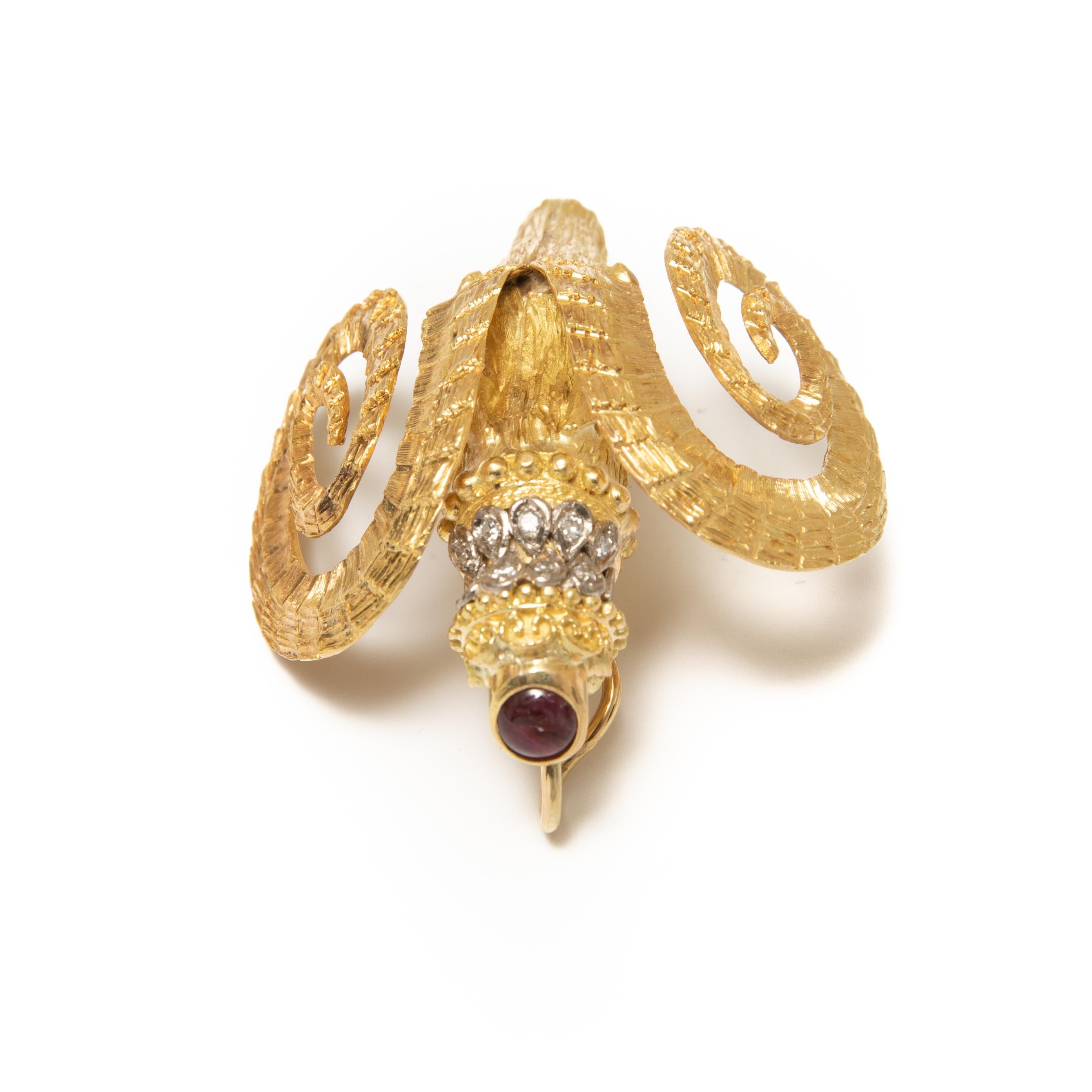 Ilias Lalaounis 18 Karat Yellow Gold, Diamond and Ruby Signed Ram Head Brooch In Good Condition In Kingston, NY