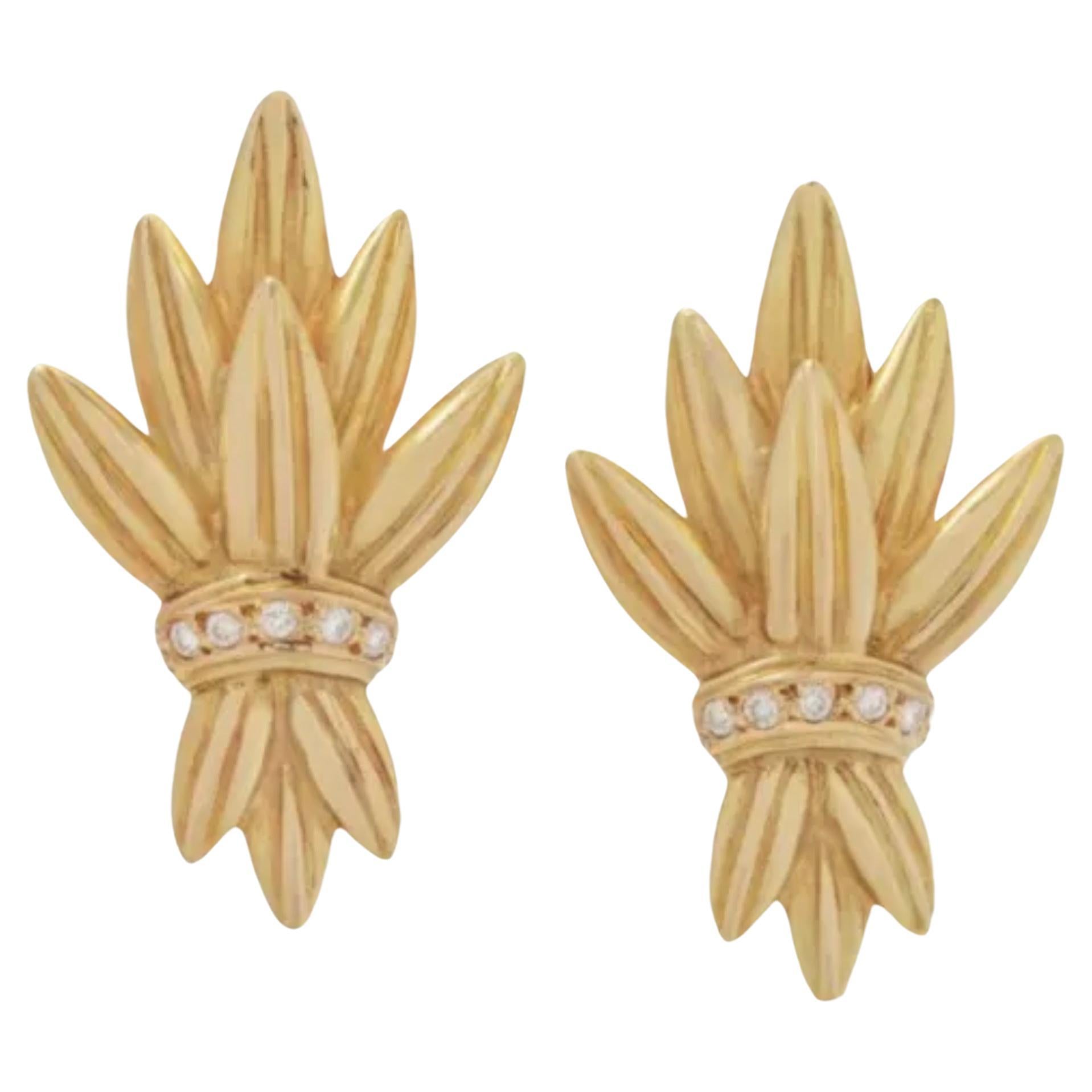 Ilias Lalaounis 18k Yellow Gold Diamond Ear Clips Wheat Motif Ear Clips Earrings For Sale