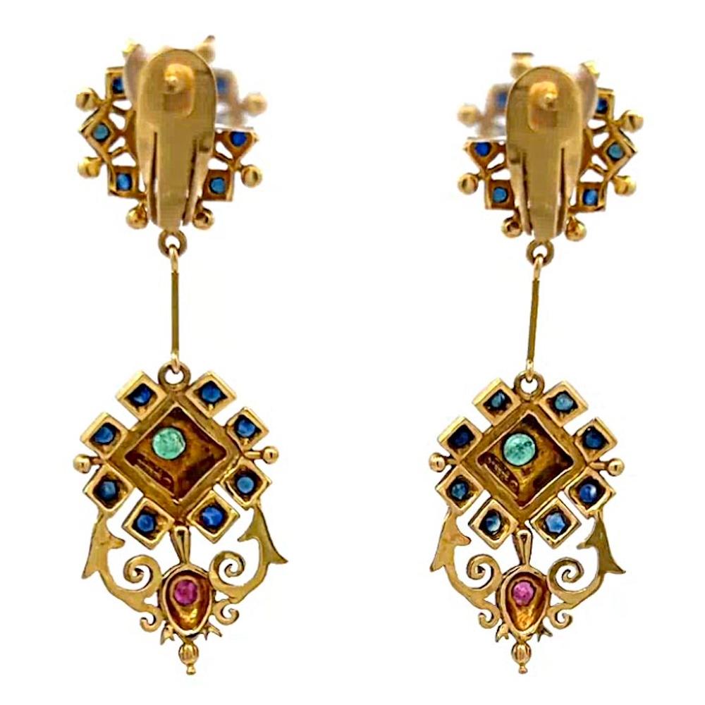 Byzantine Ilias Lalaounis 18k Yellow Gold Gemstone Dangle Lever-Back Earrings