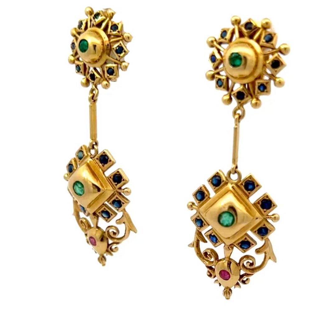 Ilias Lalaounis 18k Yellow Gold Gemstone Dangle Lever-Back Earrings In Excellent Condition In Beverly Hills, CA