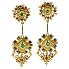 Vintage Ilias Lalaounis 18k Yellow Gold Gemstone Dangle Lever-Back Earrings