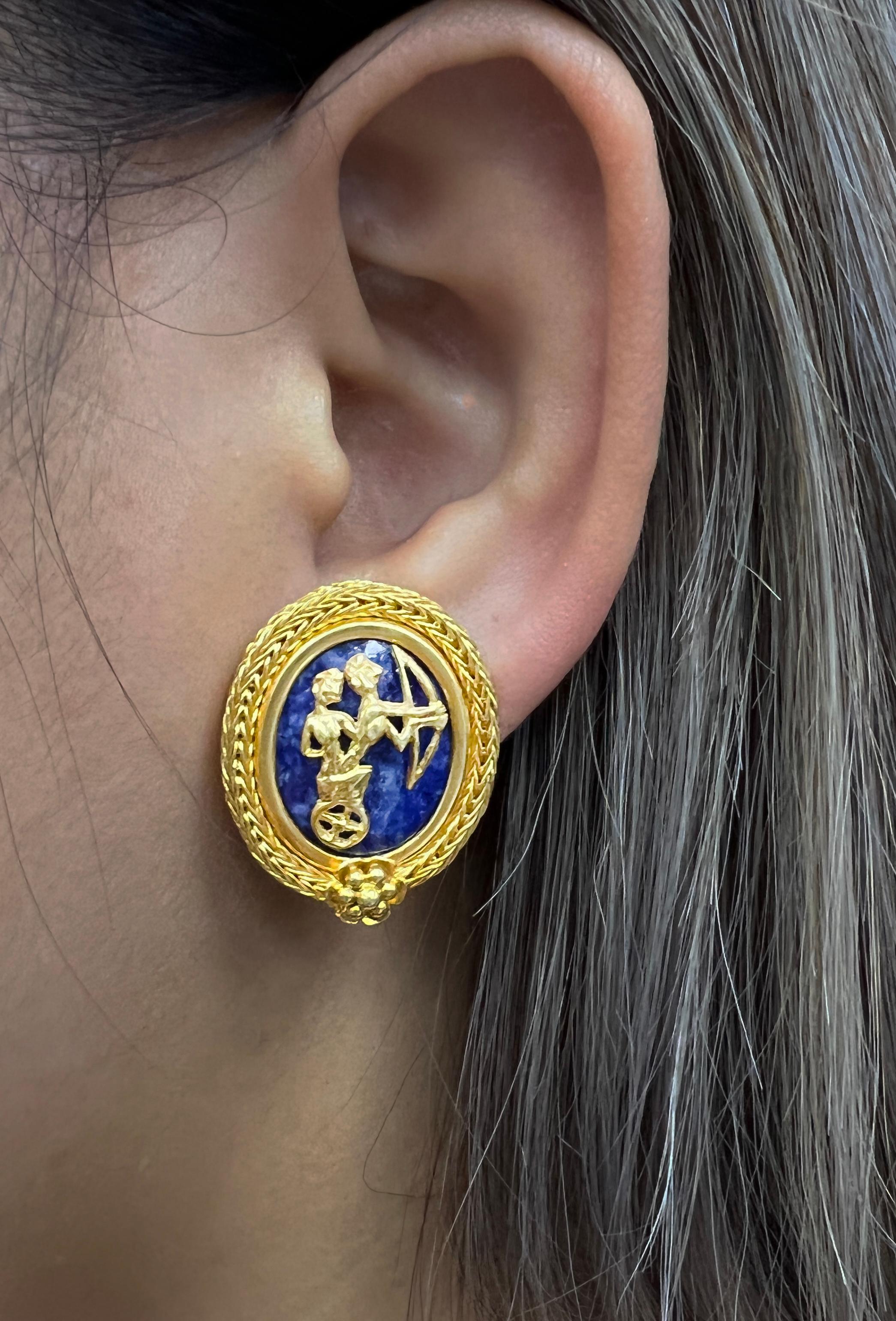 Ilias Lalaounis 18k Yellow Gold Lapis Lazuli Greek Motif Earrings 1