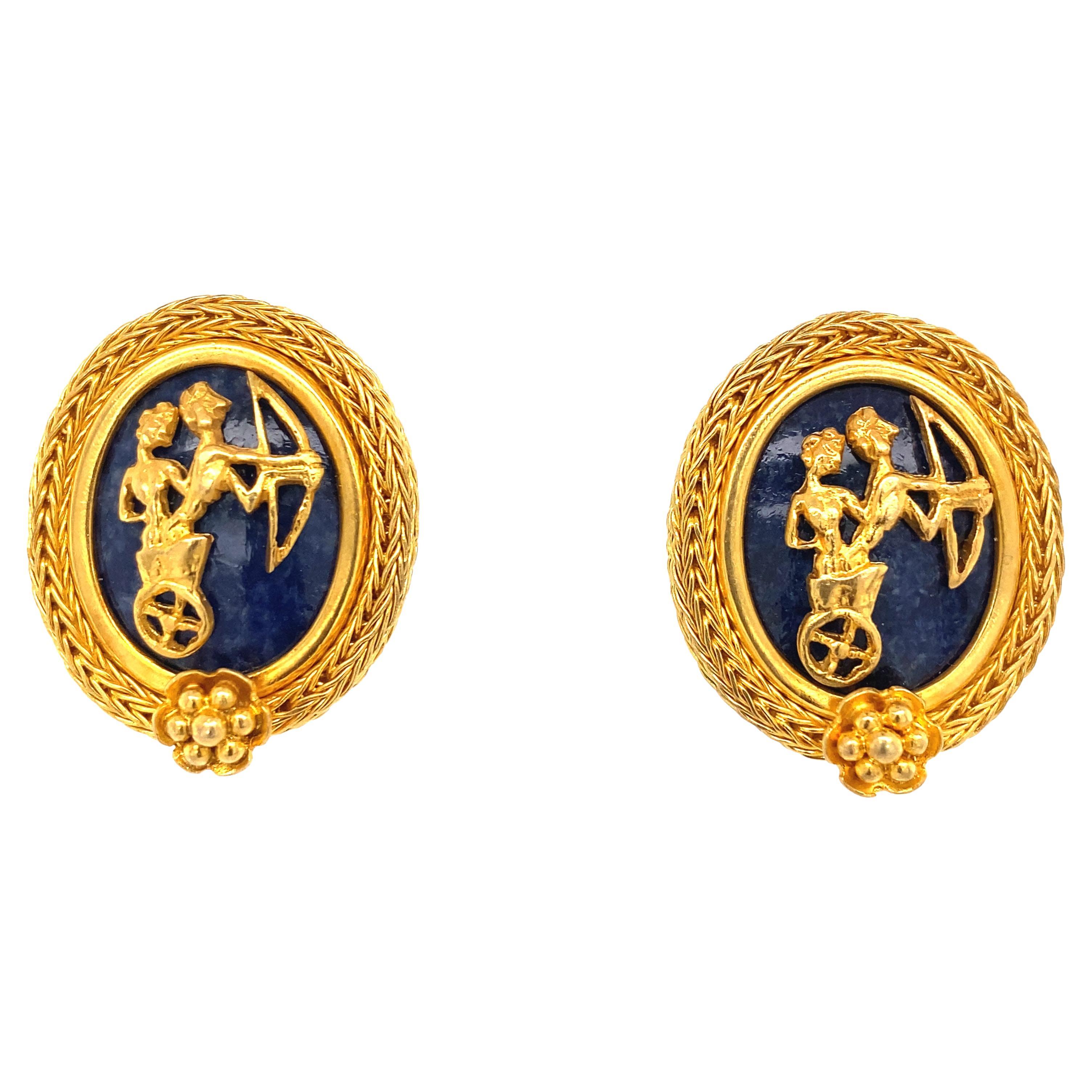 Ilias Lalaounis 18k Yellow Gold Lapis Lazuli Greek Motif Earrings