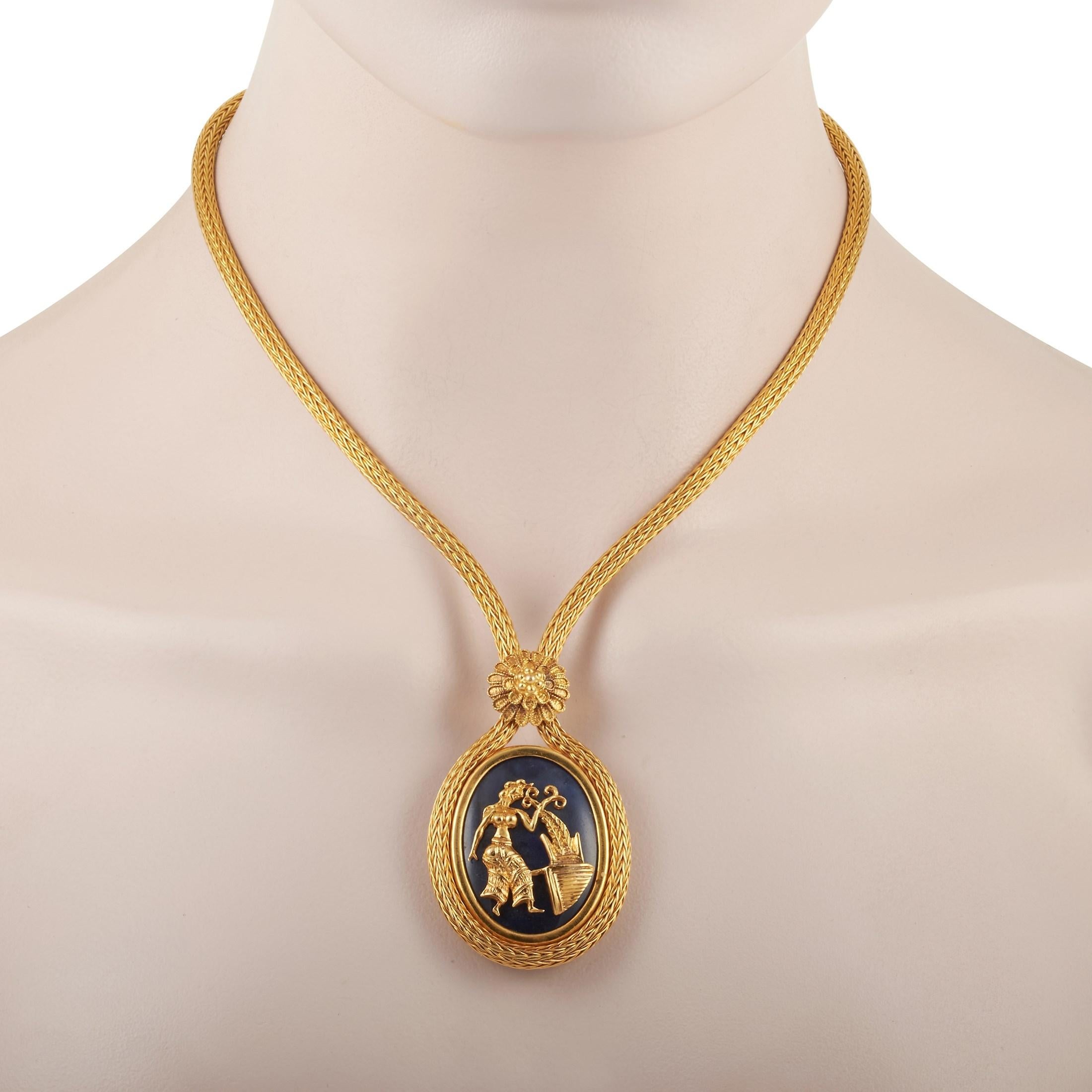Each piece of jewelry tells an intriguing story, and this Ilias Lalaounis piece is no different. Beautifully crafted with 18K yellow gold, the necklace weighs 66.3 grams. Boasting a stunning lapis pendant, its chain measures 17 inches in length,