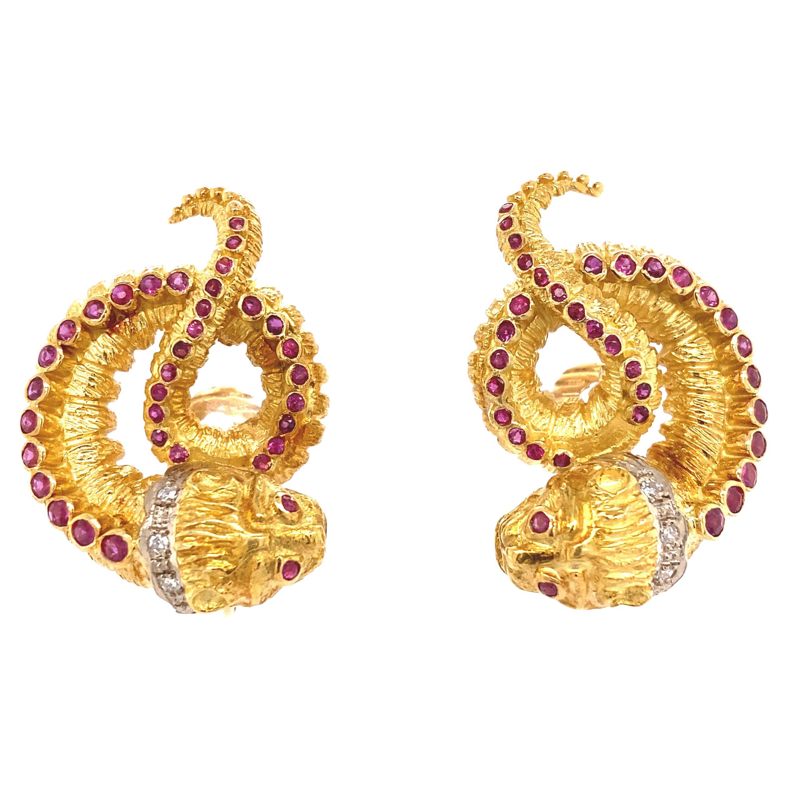 Ilias Lalaounis 18k Yellow Gold Ruby and Diamond Earrings