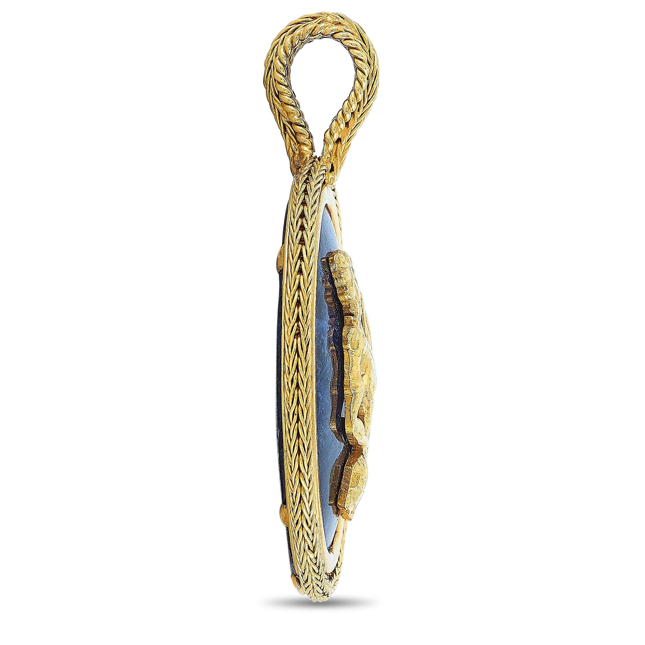 This Ilias Lalaounis pendant is made out of 18K yellow gold and sodalite and weighs 22.8 grams. It measures 2.12” in length and 1.30” in width.

The pendant is offered in estate condition and includes a gift box.