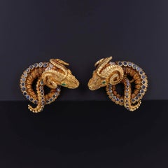 Ilias Lalaounis 1970 18k Gold Ram's Head Clip-On Earrings with Gems