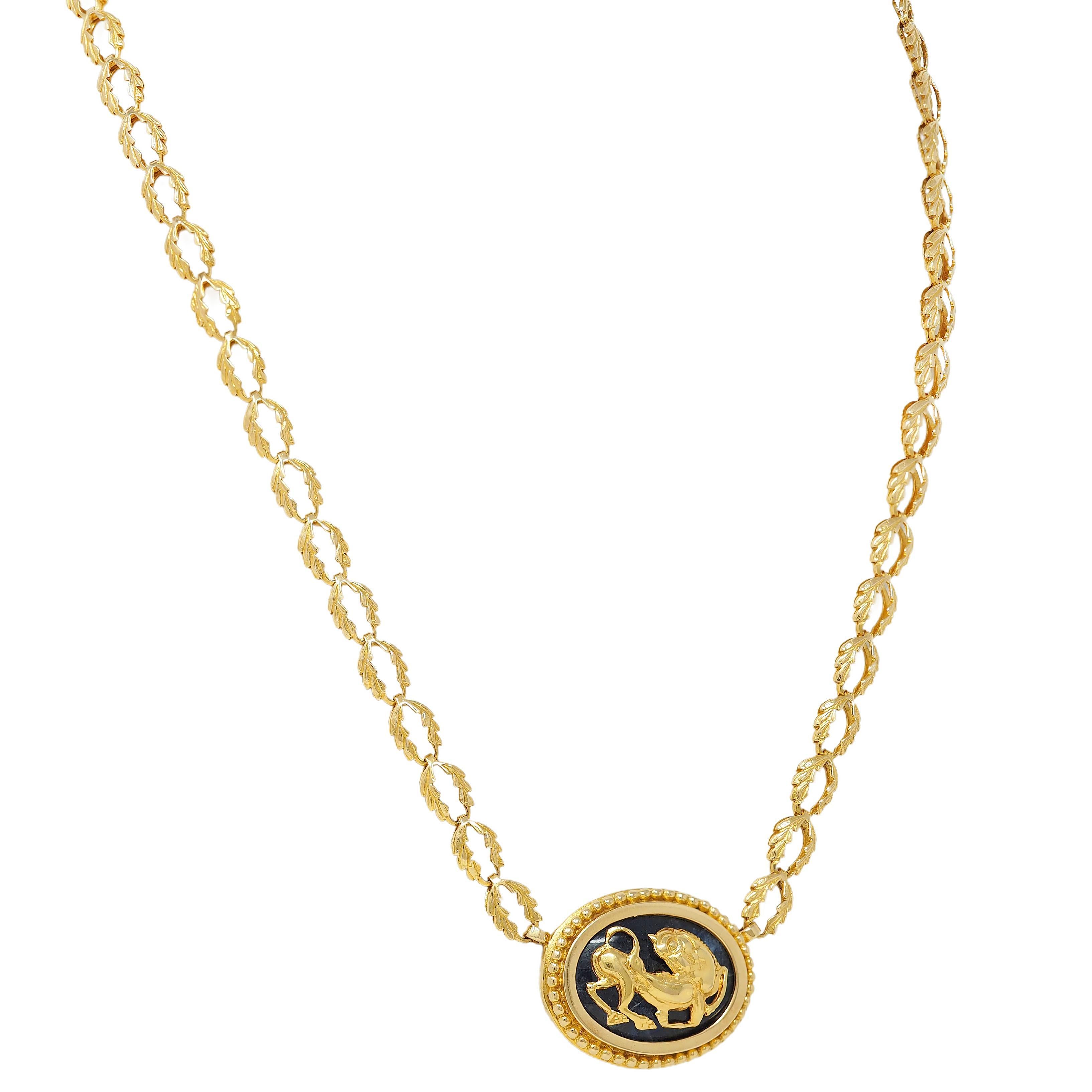 Women's or Men's Ilias LaLaounis 1970's Sodalite 18K Gold Vintage Horse Pendant Station Necklace For Sale