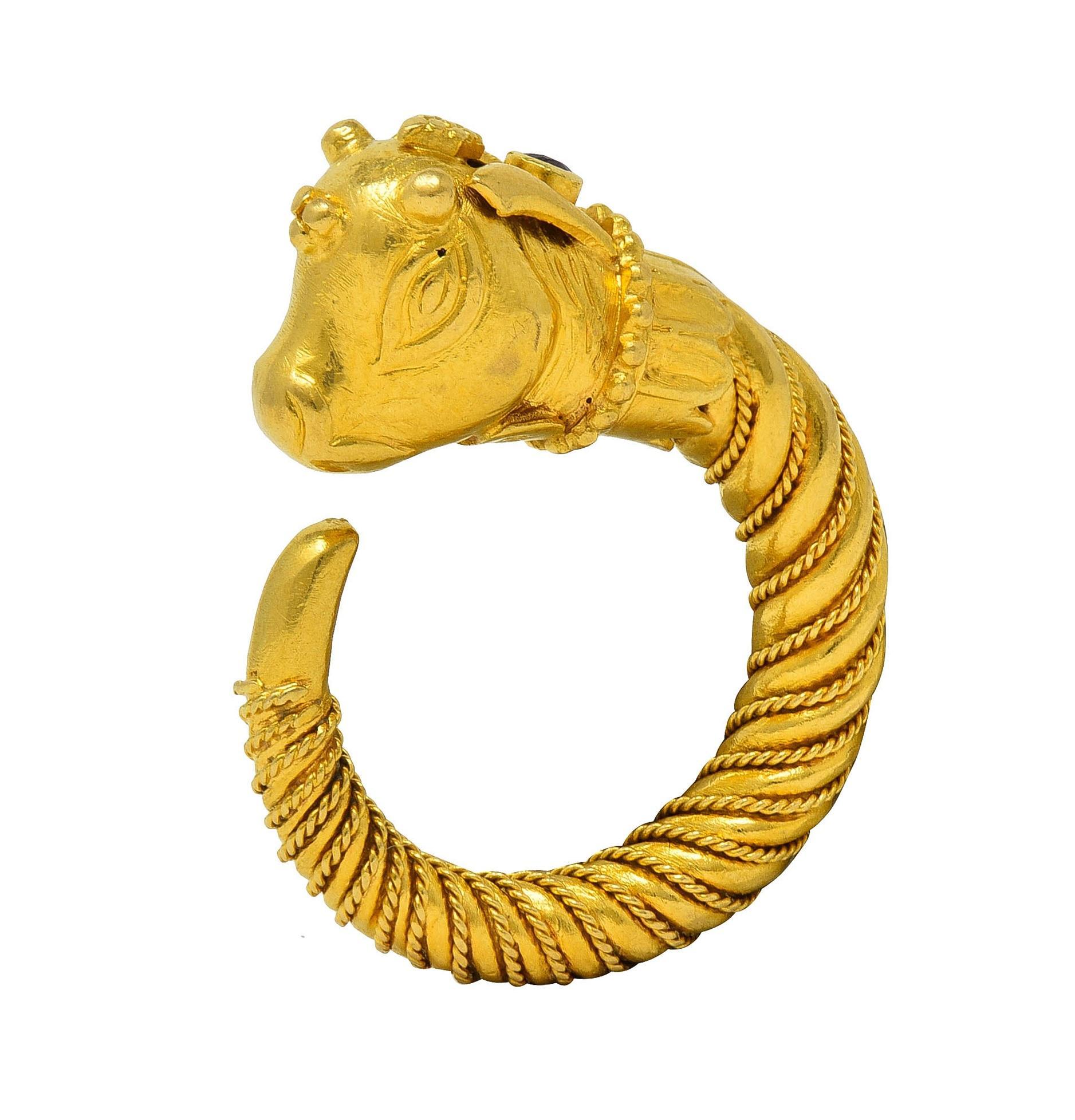 Round Cut Ilias Lalaounis 1990's Ruby 18 Karat Yellow Gold Goat Head Vintage Bypass Ring For Sale