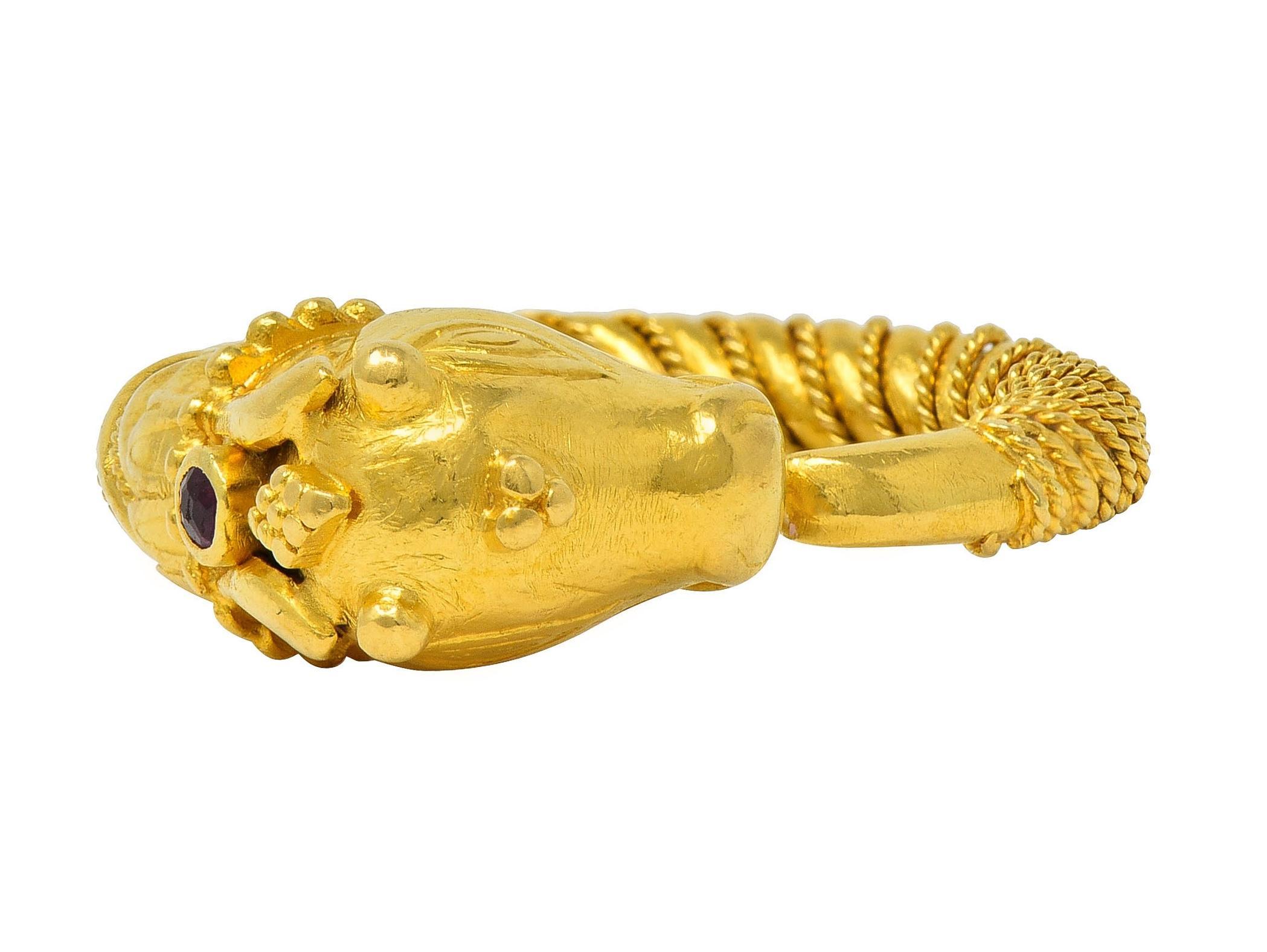 Ilias Lalaounis 1990's Ruby 18 Karat Yellow Gold Goat Head Vintage Bypass Ring In Excellent Condition For Sale In Philadelphia, PA