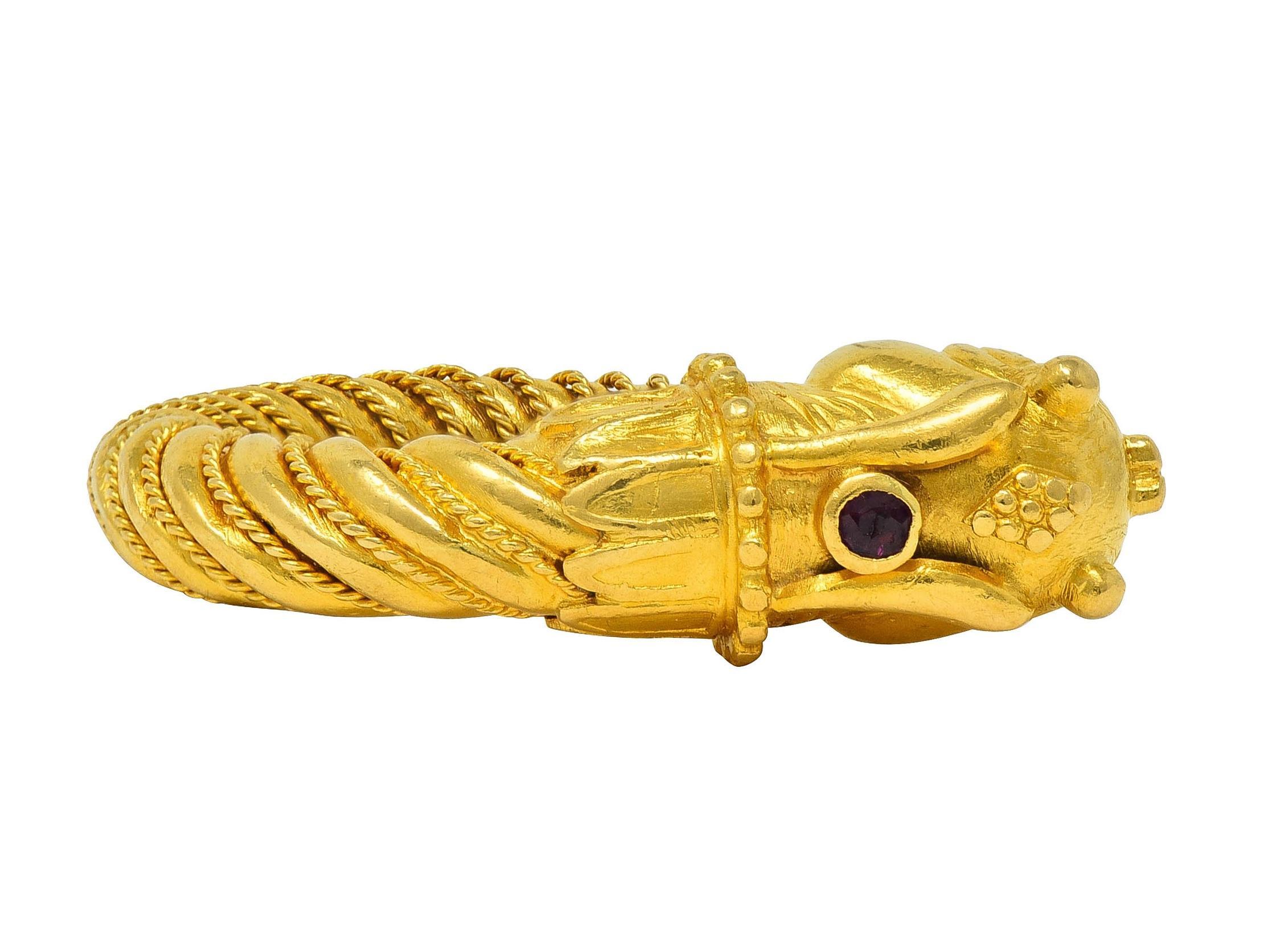 Women's or Men's Ilias Lalaounis 1990's Ruby 18 Karat Yellow Gold Goat Head Vintage Bypass Ring For Sale