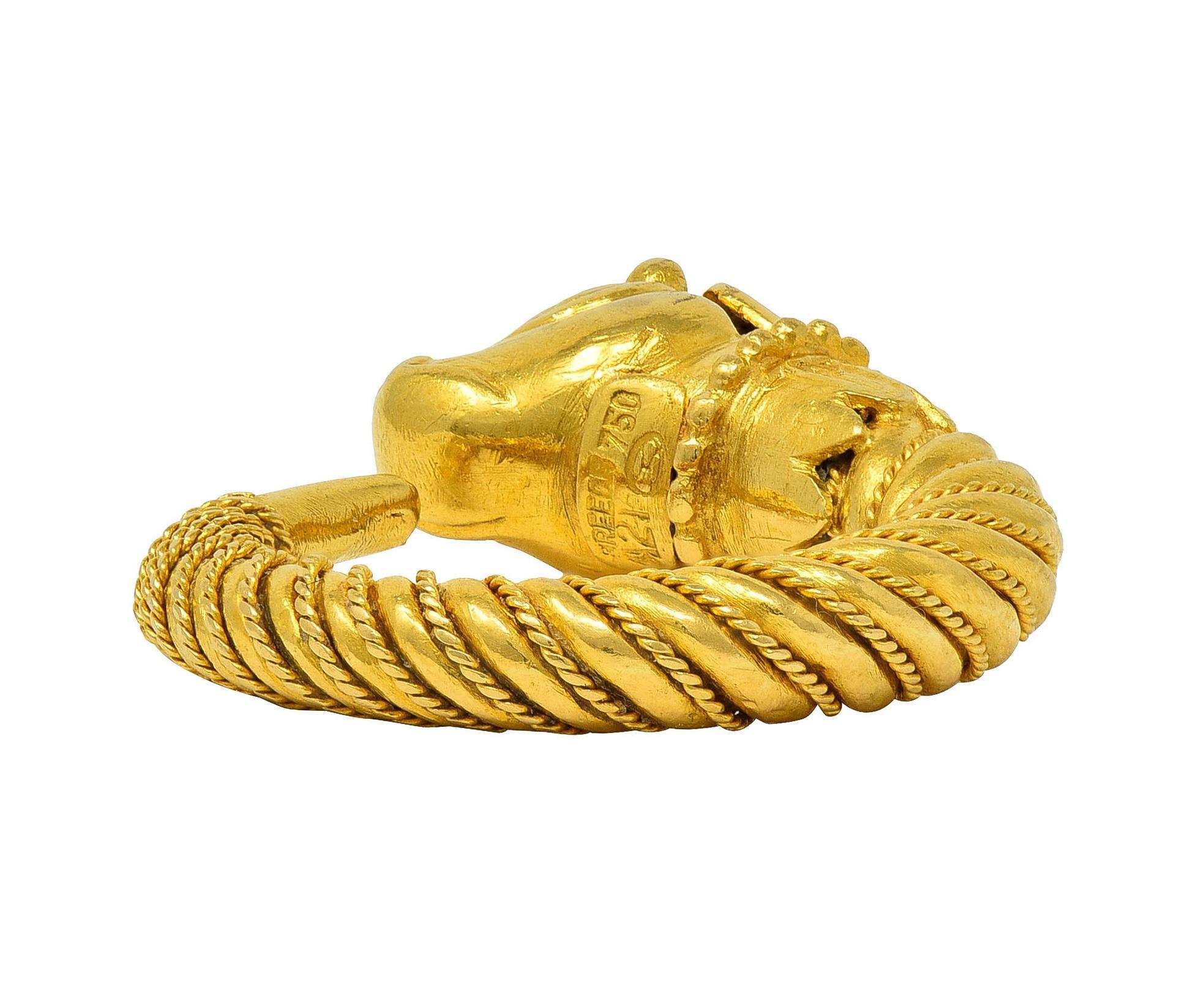 Ilias Lalaounis 1990's Ruby 18 Karat Yellow Gold Goat Head Vintage Bypass Ring For Sale 1