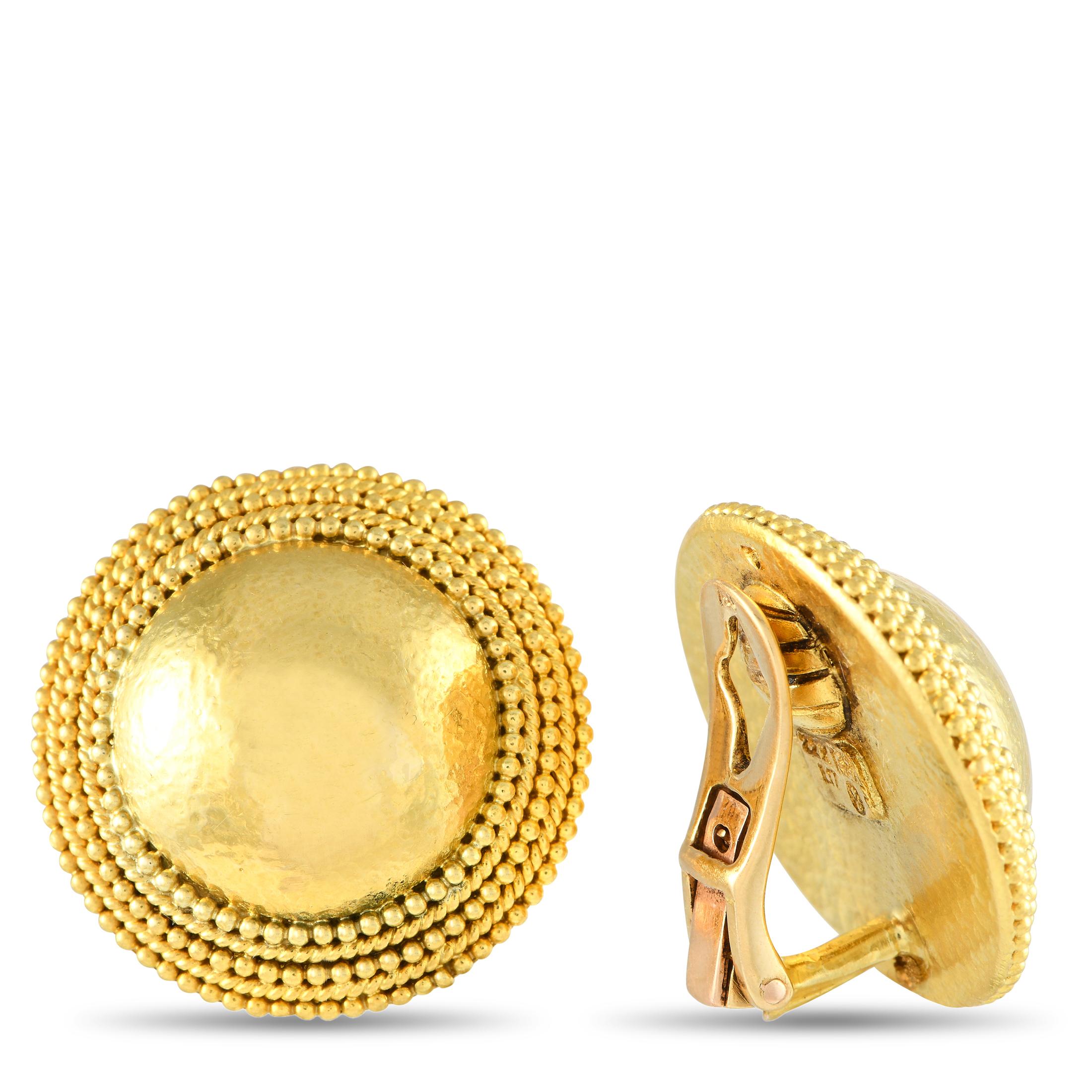 From the internationally renowned Greek jeweler Ilias Lalalounis, here is a pair of 22K yellow gold clip-on earrings. With almost 92% gold content, these virtually pure gold earrings present a deeper and richer yellow-gold tone and an enduring