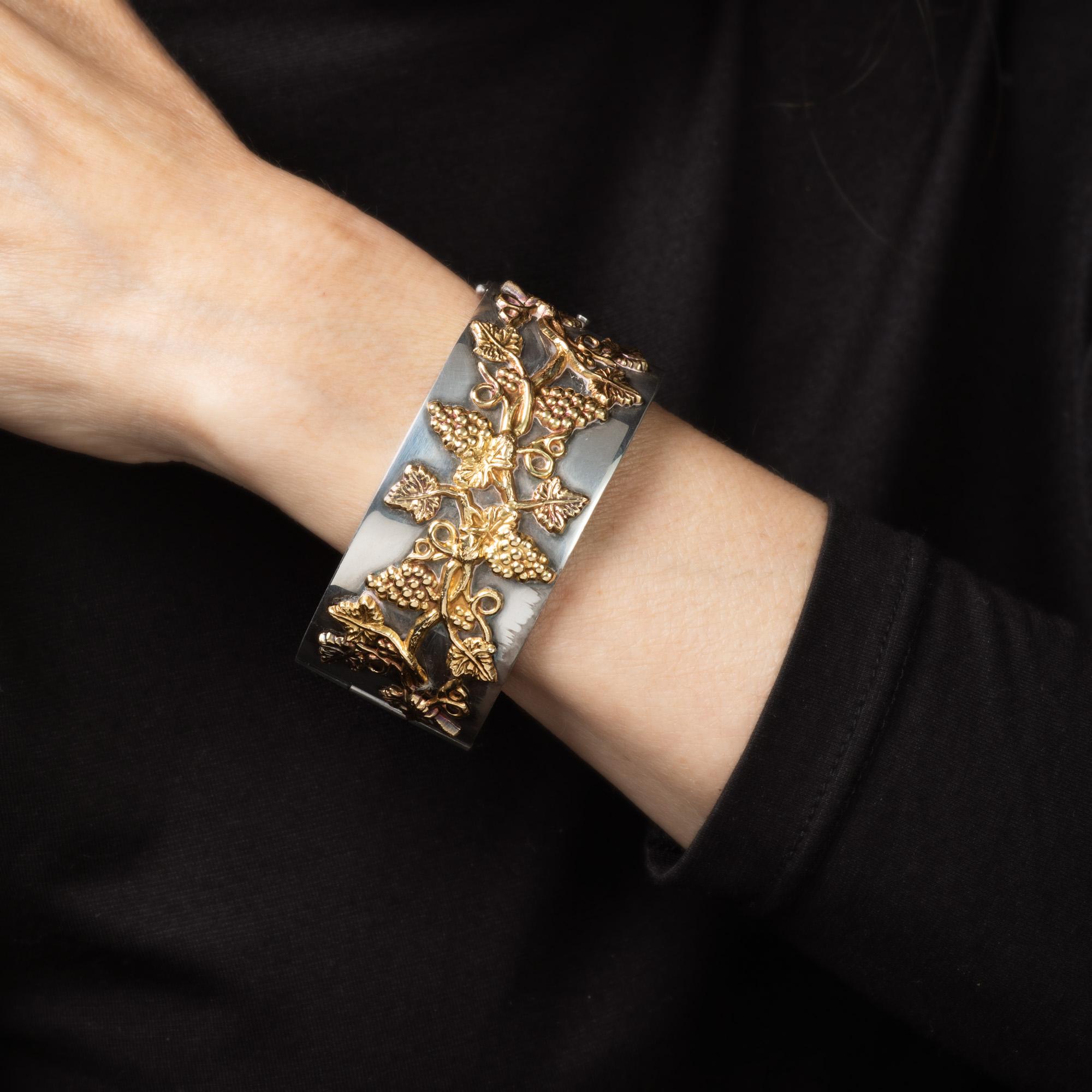 Women's Ilias Lalaounis Bangle Bracelet Grape Leaf Vine Sterling Silver 18k Gold Signed For Sale