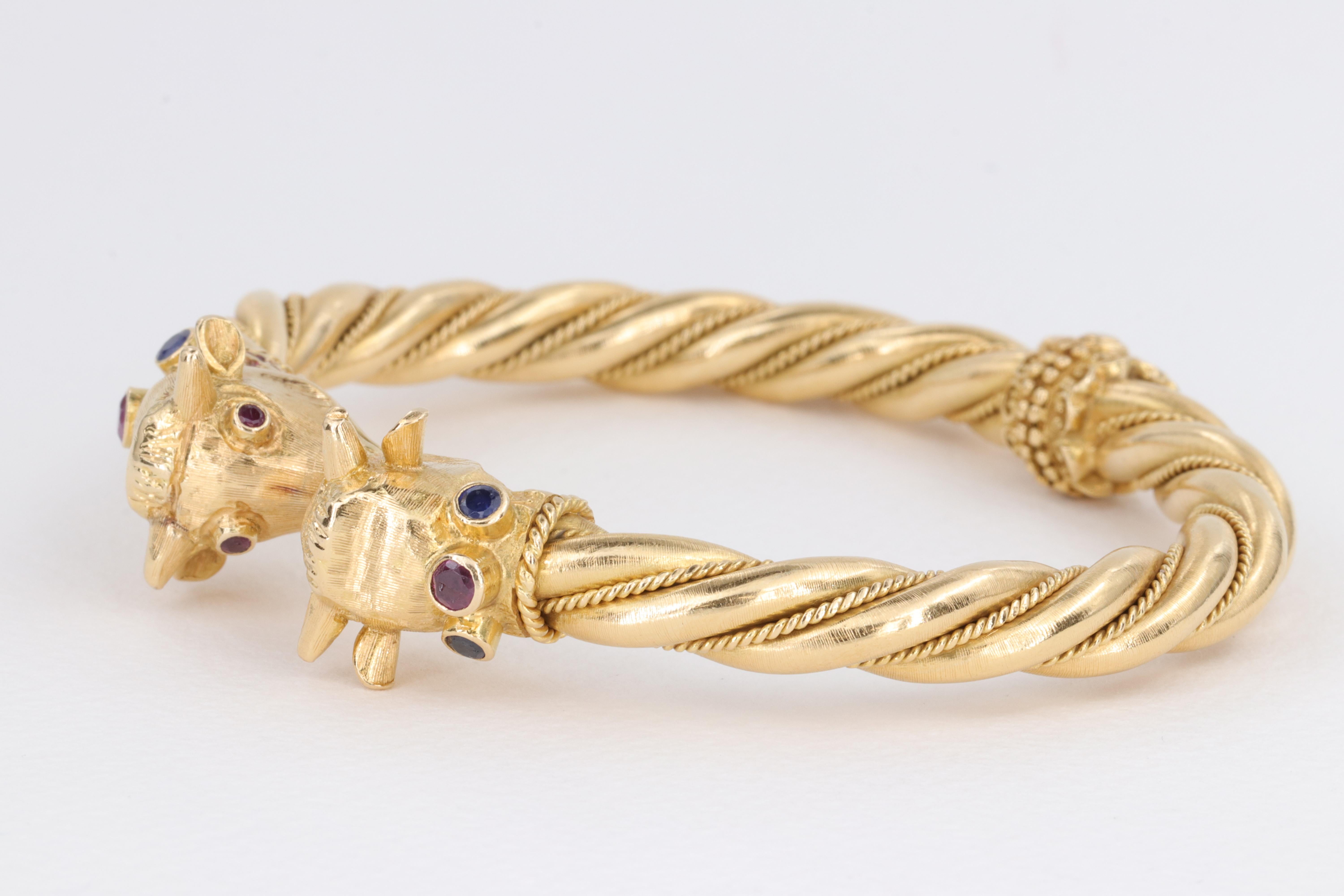 Modern Ilias Lalaounis Bull Bangle Bracelet in Yellow Gold, Ruby & Sapphire For Sale